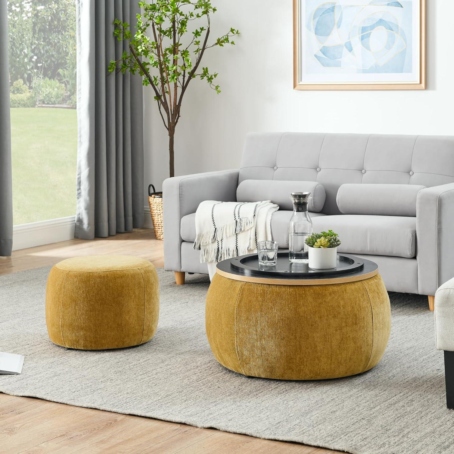 Dark Yellow Chenille Round Storage Ottoman Set with Eucalyptus Wood