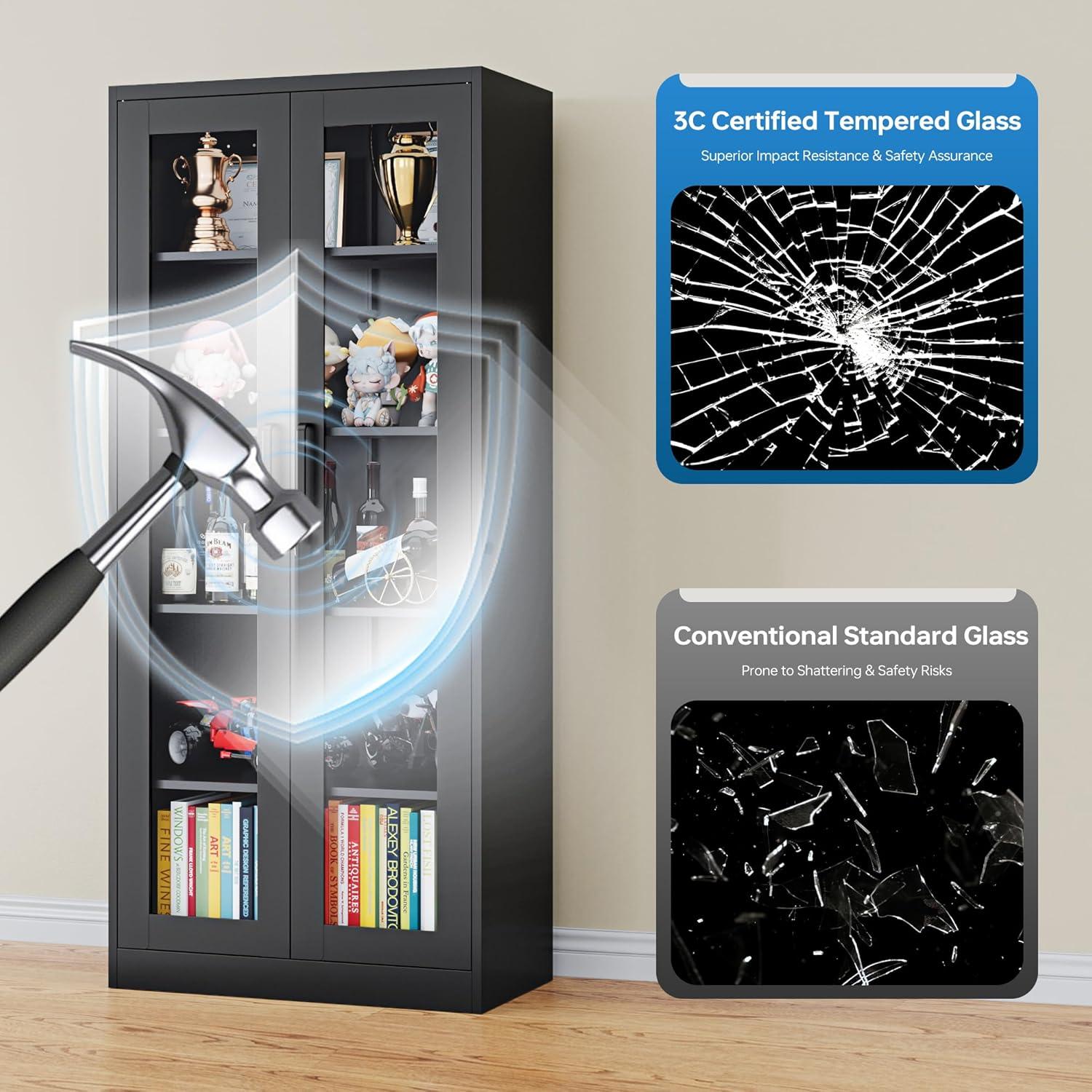 Display Cabinet With Glass Doors, Curio Cabinets With 4 Adjustable Shelves, Locking Glass Cabinet Display Case For Home, Office, Clinic, Pantry, Assemble Required