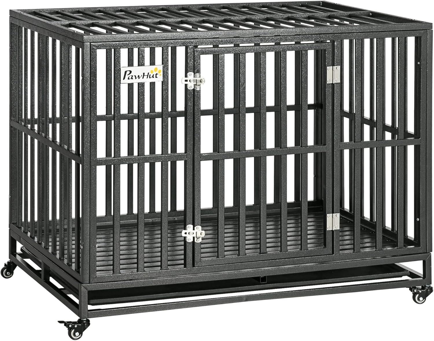 PawHut Heavy Duty Dog Cage Metal Kennel and Crate Dog Playpen with Lockable Wheels, Slide-out Tray and Anti-Pinching Floor