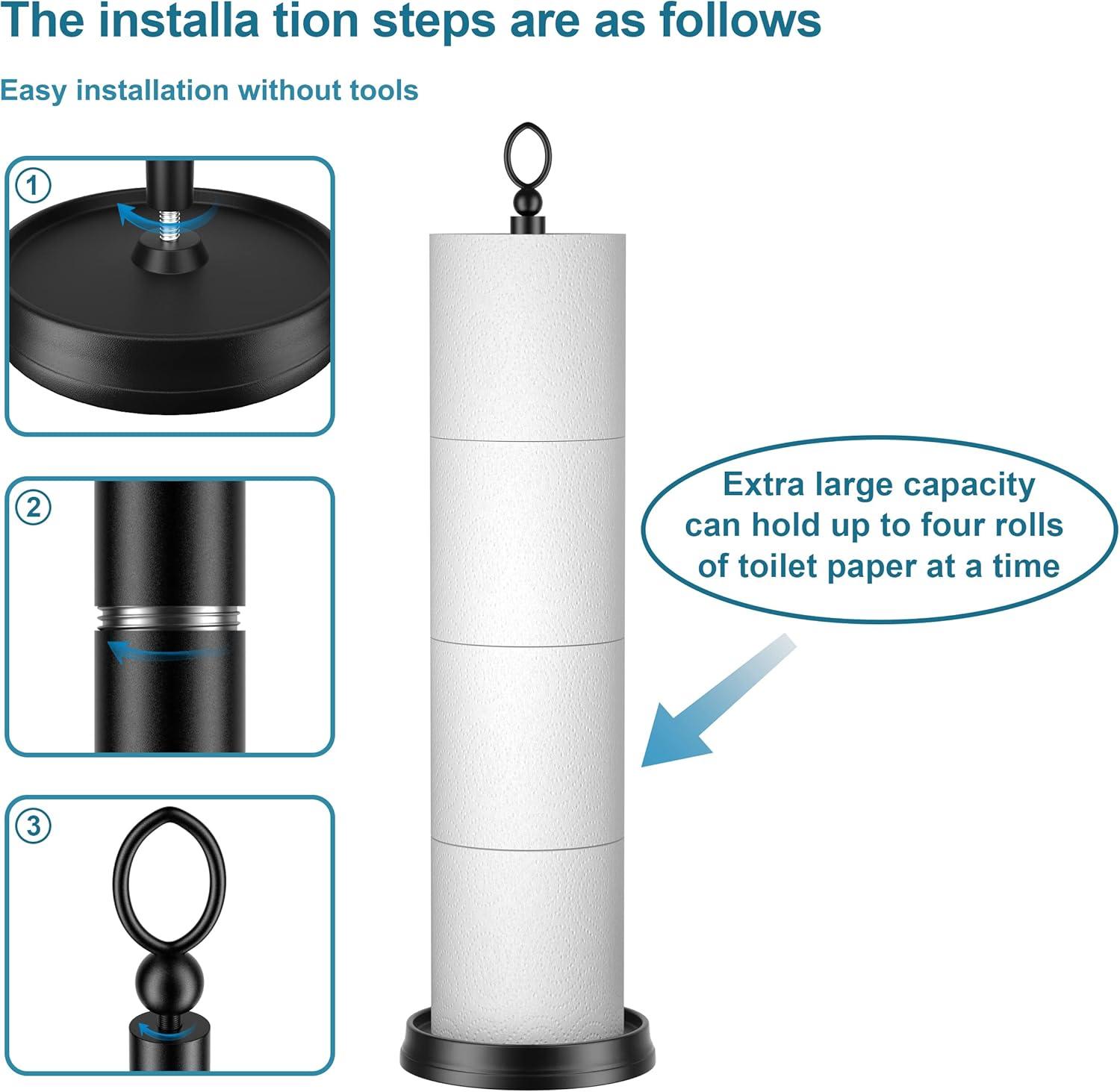 Heavy Weighted Toilet Paper Holder (with Reserve Function) Free Standing, Spare Toilet Paper Roll Storage Stand for Bathroom Total Height 22.5" ，Matte Black