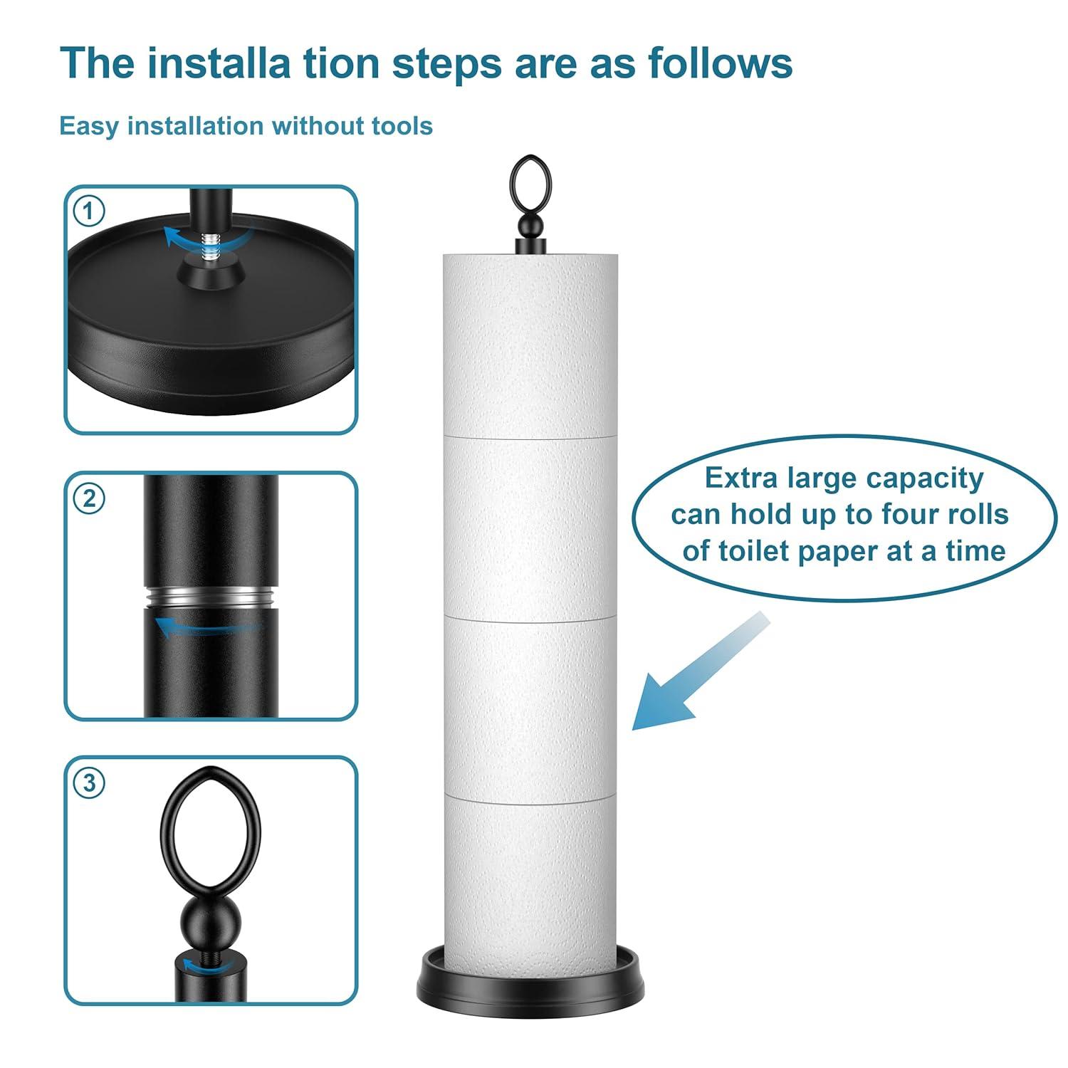 Heavy Weighted Toilet Paper Holder (with Reserve Function) Free Standing, Spare Toilet Paper Roll Storage Stand for Bathroom Total Height 22.5" ，Matte Black