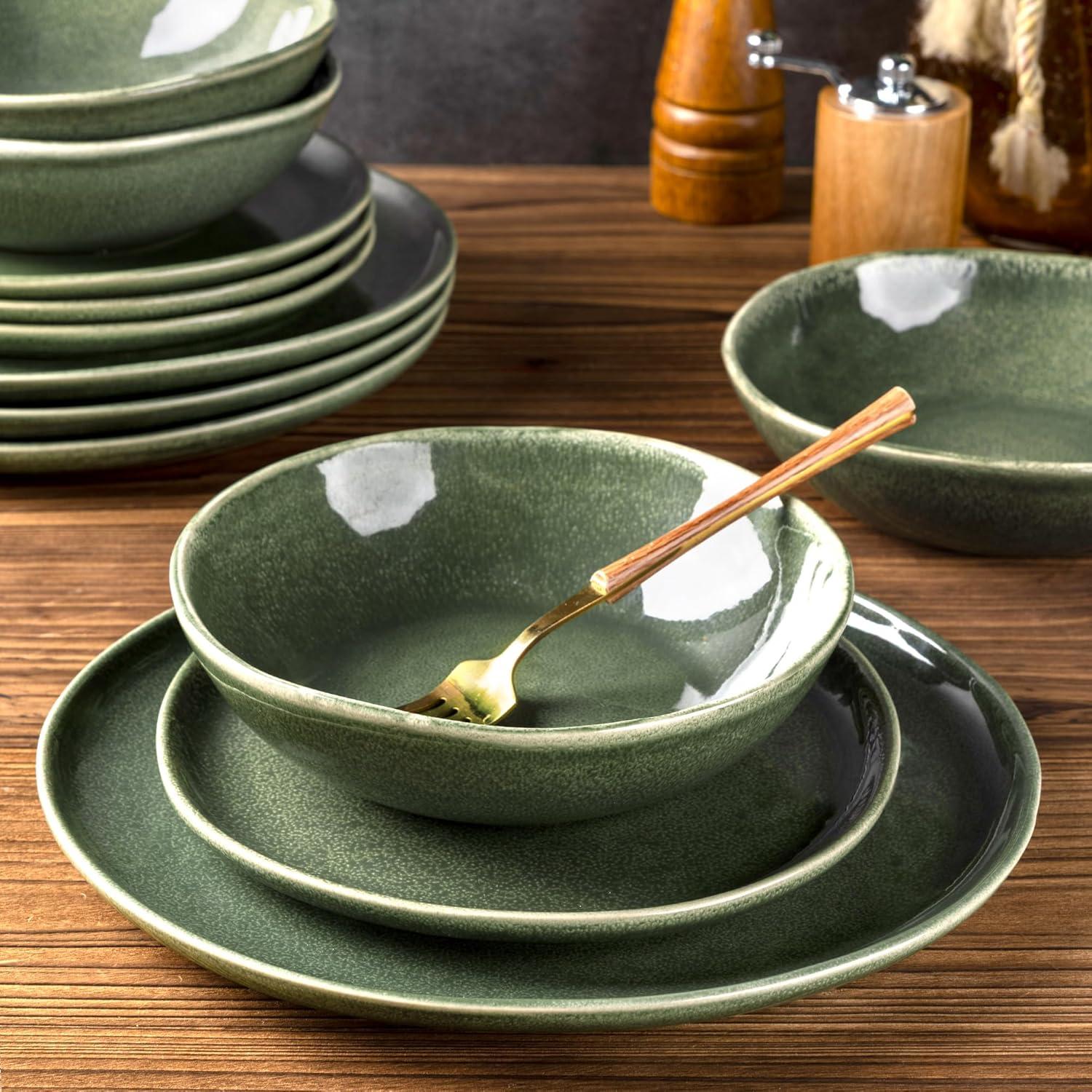 Olive Green and White Ceramic Dinnerware Set for 4