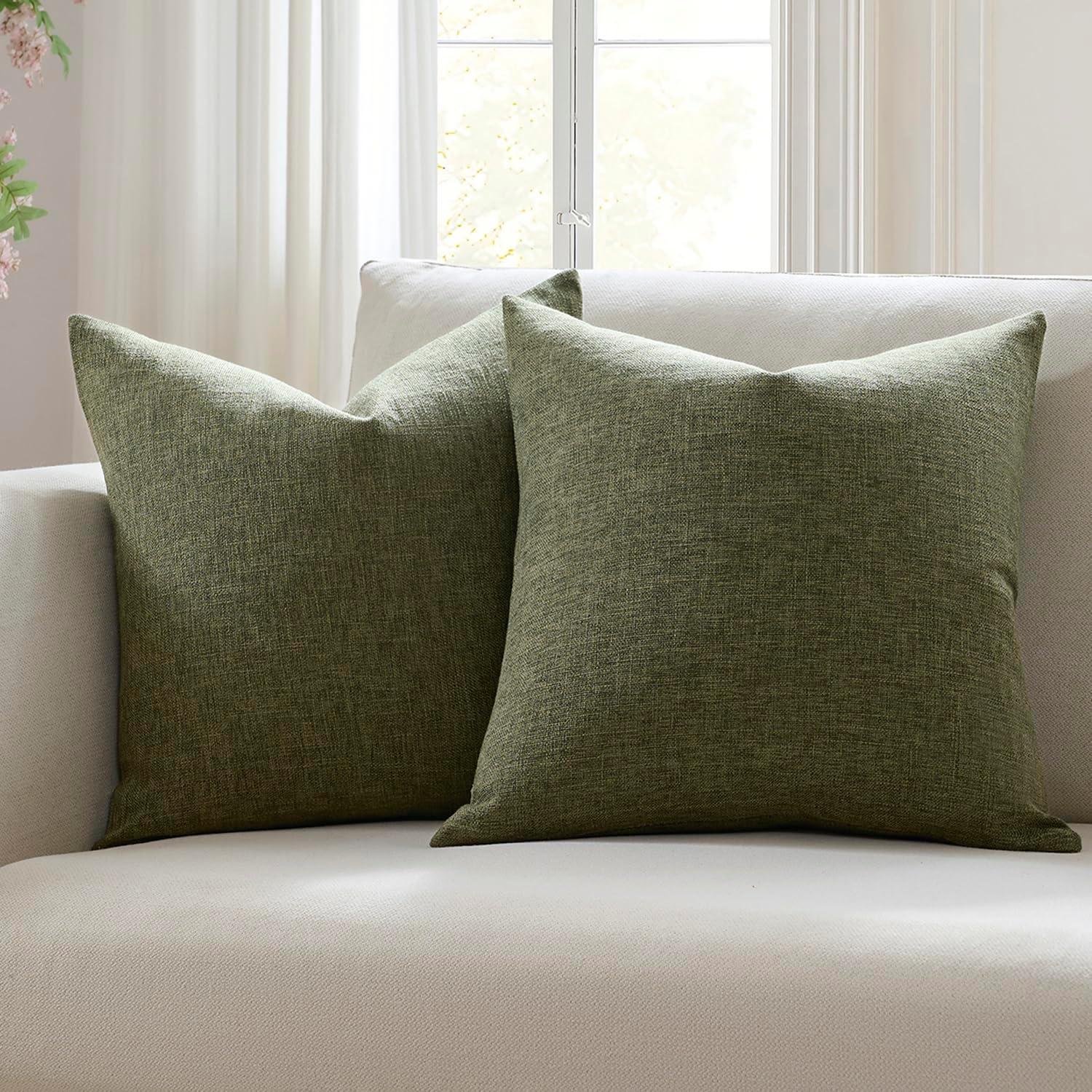 Xukmct 2 Pack Linen Square Pillow Cover with Zipper, Solid Color Decorative Cushion Case for Couch Patio Sofa, 18 x 18 inch, Green