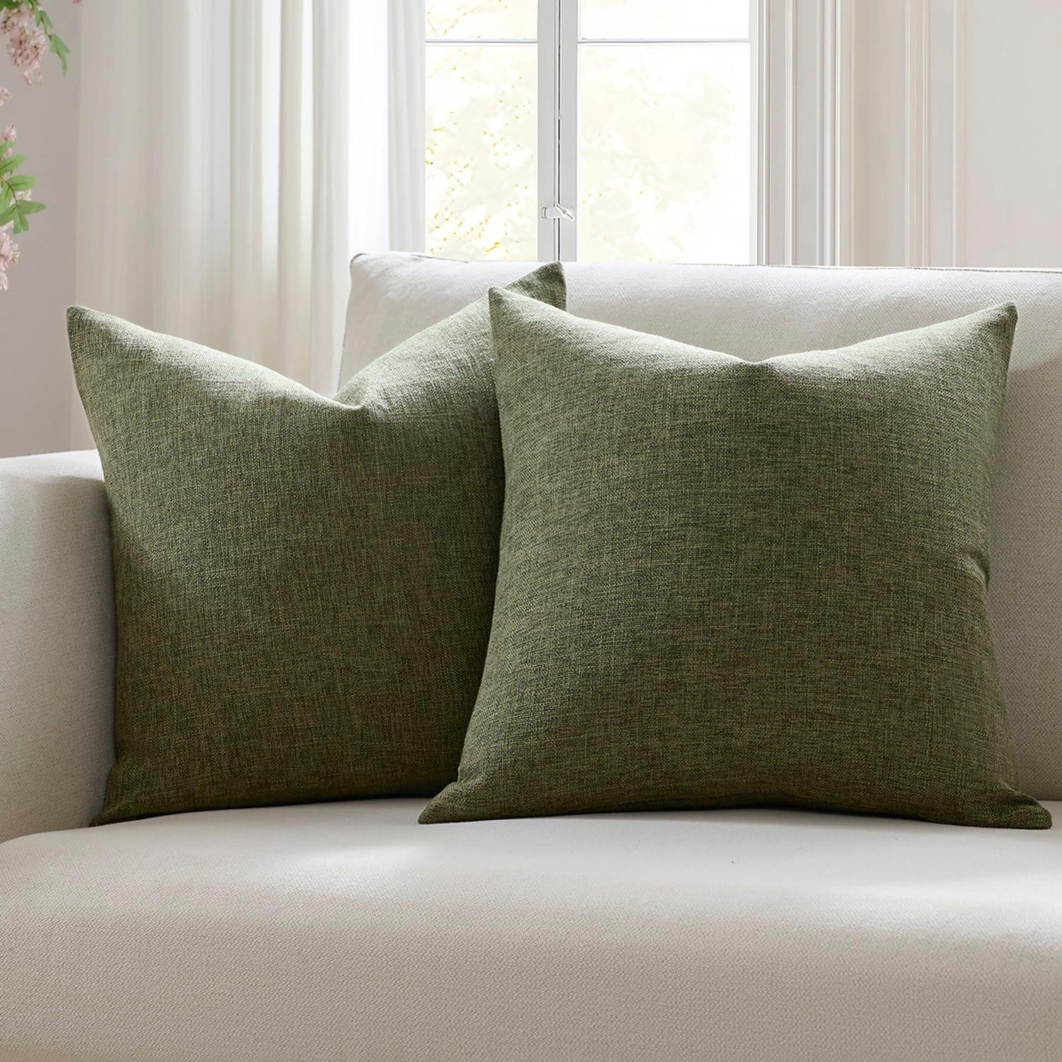 Xukmct 2 Pack Linen Square Pillow Cover with Zipper, Solid Color Decorative Cushion Case for Couch Patio Sofa, 18 x 18 inch, Green