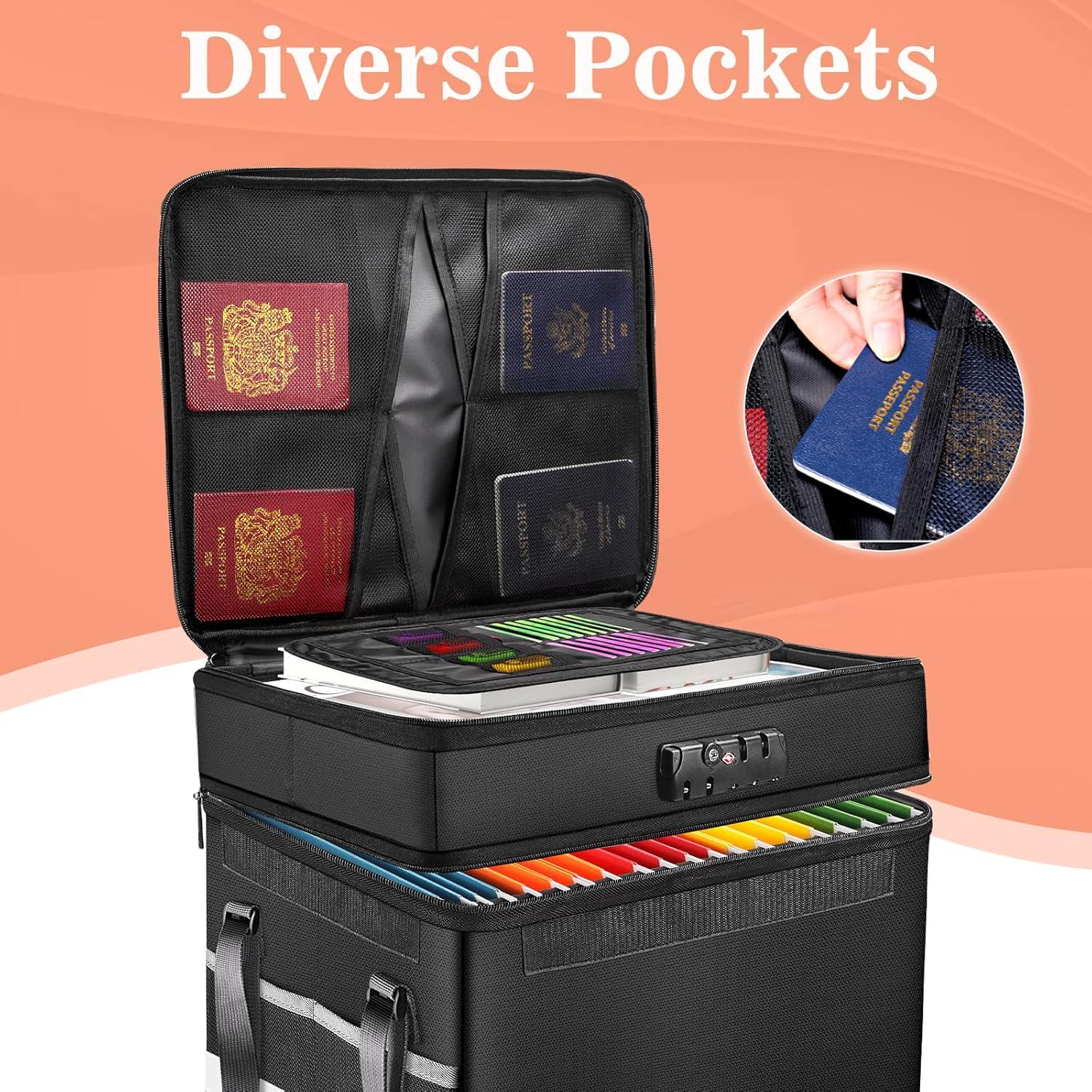 Collapsible File Organizer Box with Lock, Fireproof Document Box on Wheels, Rolling File Cabinet for Hanging Letter/Legal Folders, Black