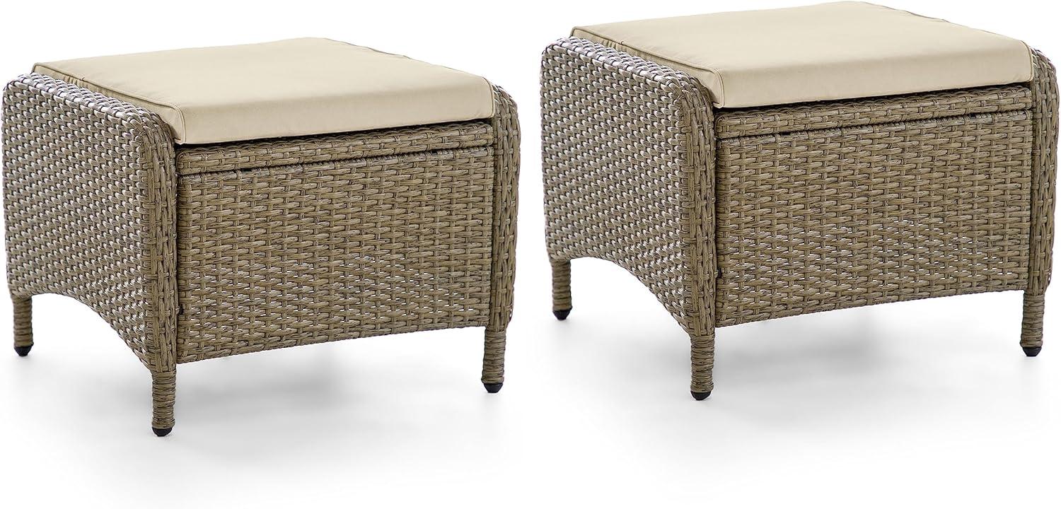 Beige and Natural Brown Wicker Outdoor Ottomans with Cushions, Set of 2