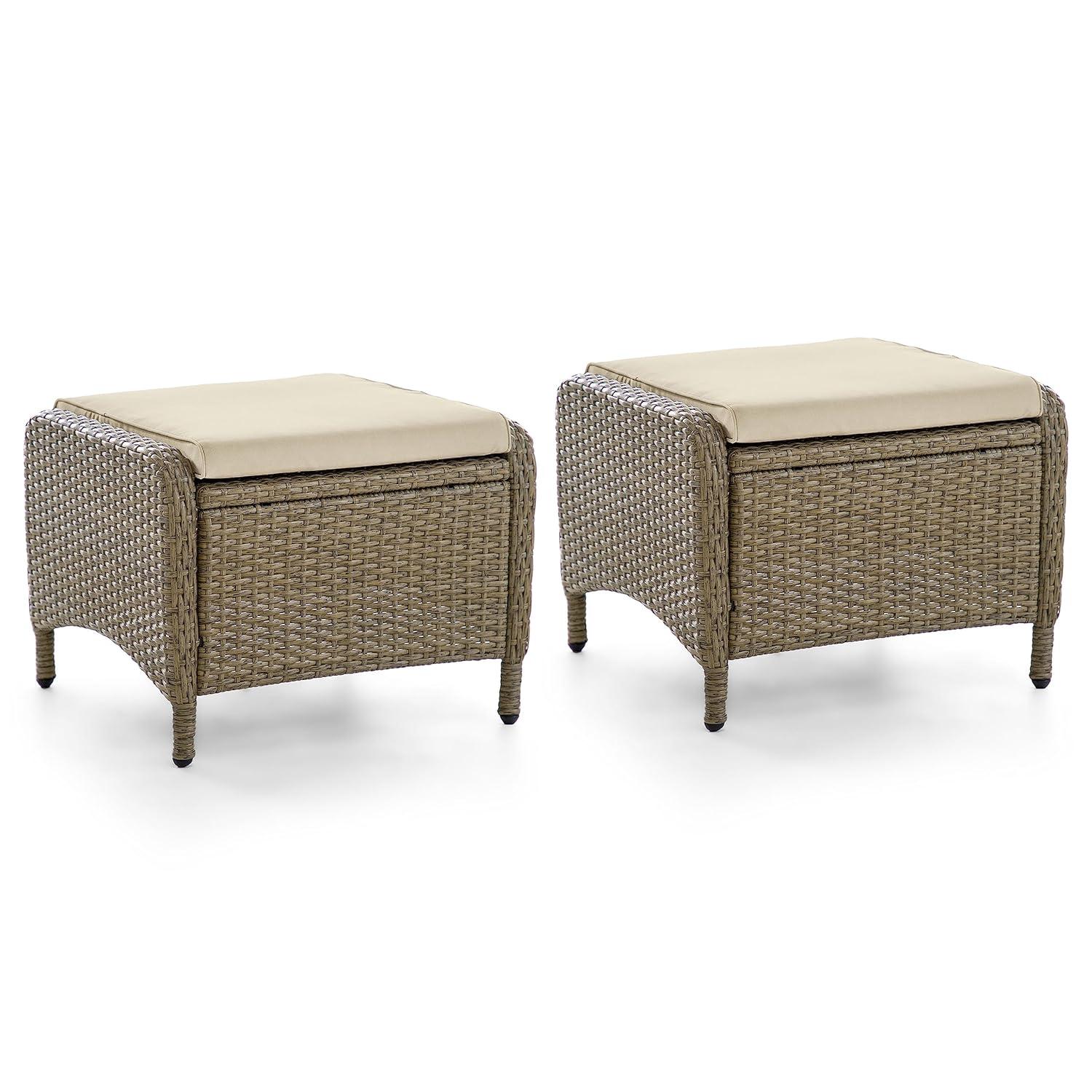 Beige and Natural Brown Wicker Outdoor Ottomans with Cushions, Set of 2