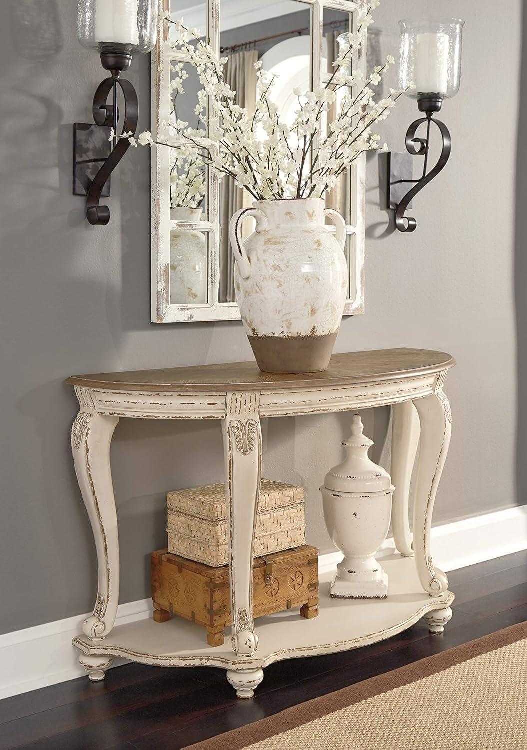 Realyn Demilune Sofa Table with Storage in Distressed White/Brown