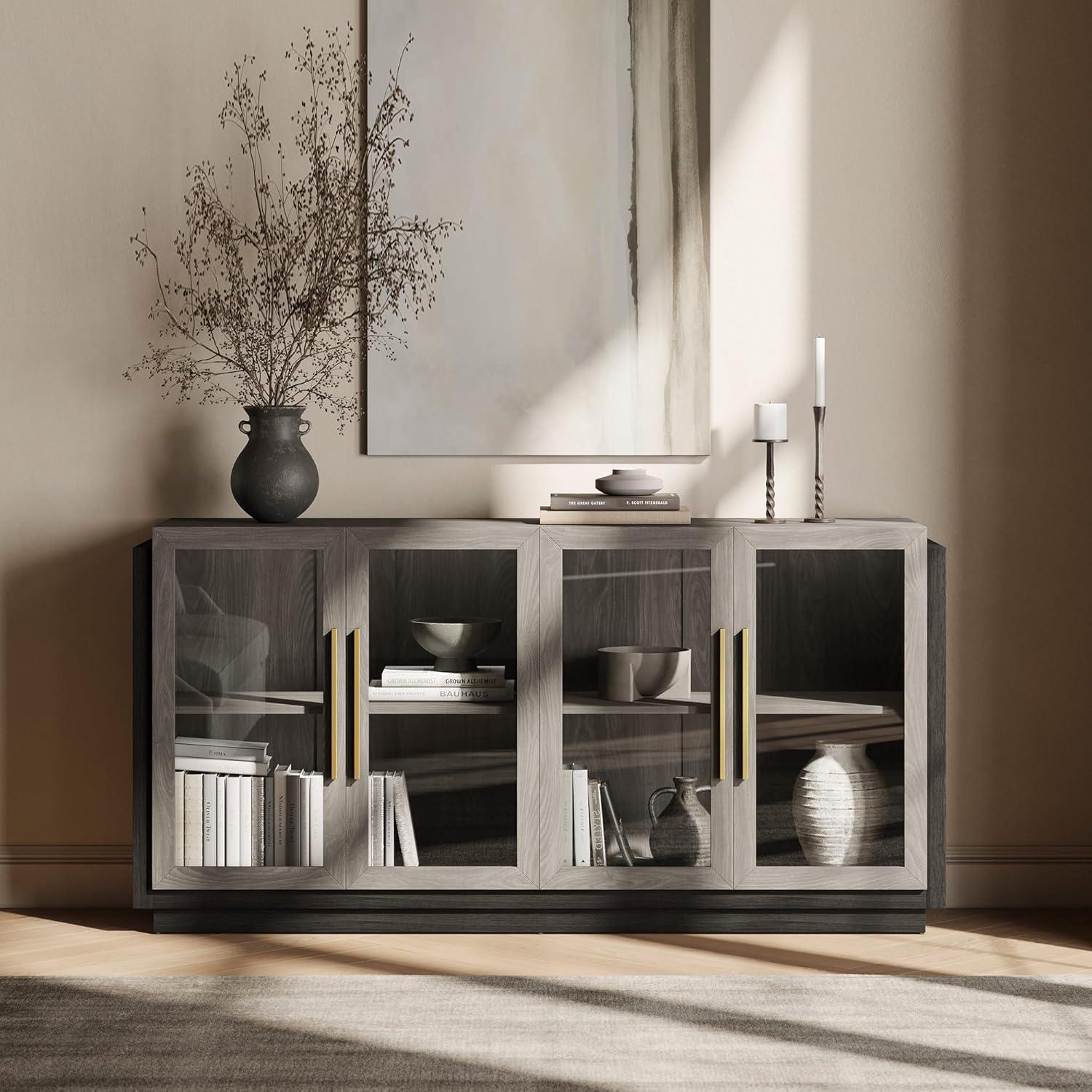 BELLEZE Sideboard Buffet Cabinet, Modern Wood Glass-Buffet-Sideboard with Storage, Console Table for Kitchen, Dinning Room, Living Room, Hallway, or Entrance - Brixston (Grey)