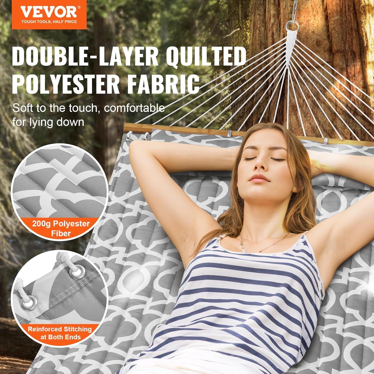 Double Quilted 12 FT Hammock for 2 Persons, Hardwood Spreader Bars, 480 lbs Capacity, with Detachable Pillow and Chains - Ideal for Outdoor Camping, Patio, Beach, and Yard Relaxation