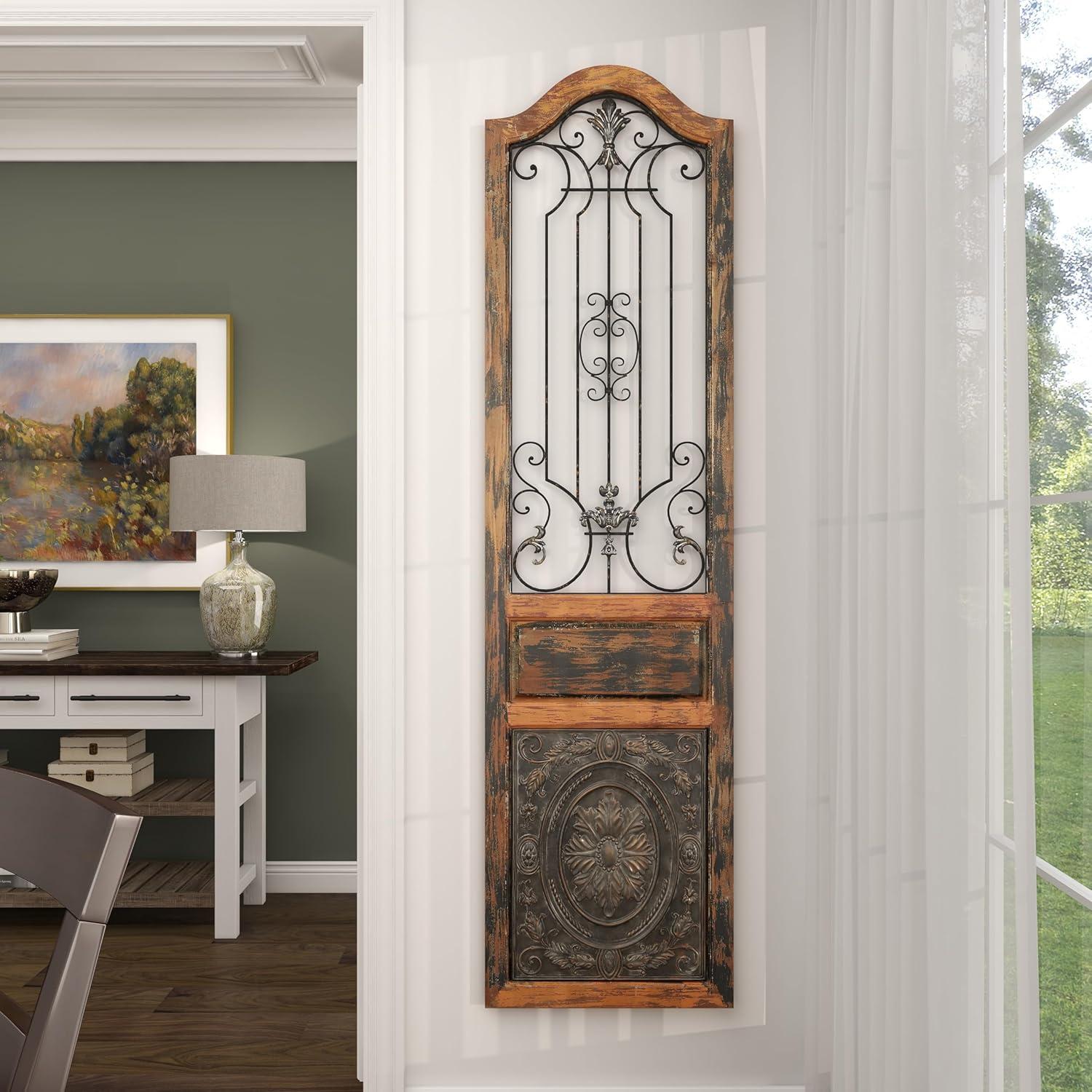 DecMode Decoración de Pared de Metal y Madera Inspirada en Puertas Arqueadas Rústicas 72" de Alto x 19 de Largo, Acabado en Marrón Desgastado con Carácter Orgánico
