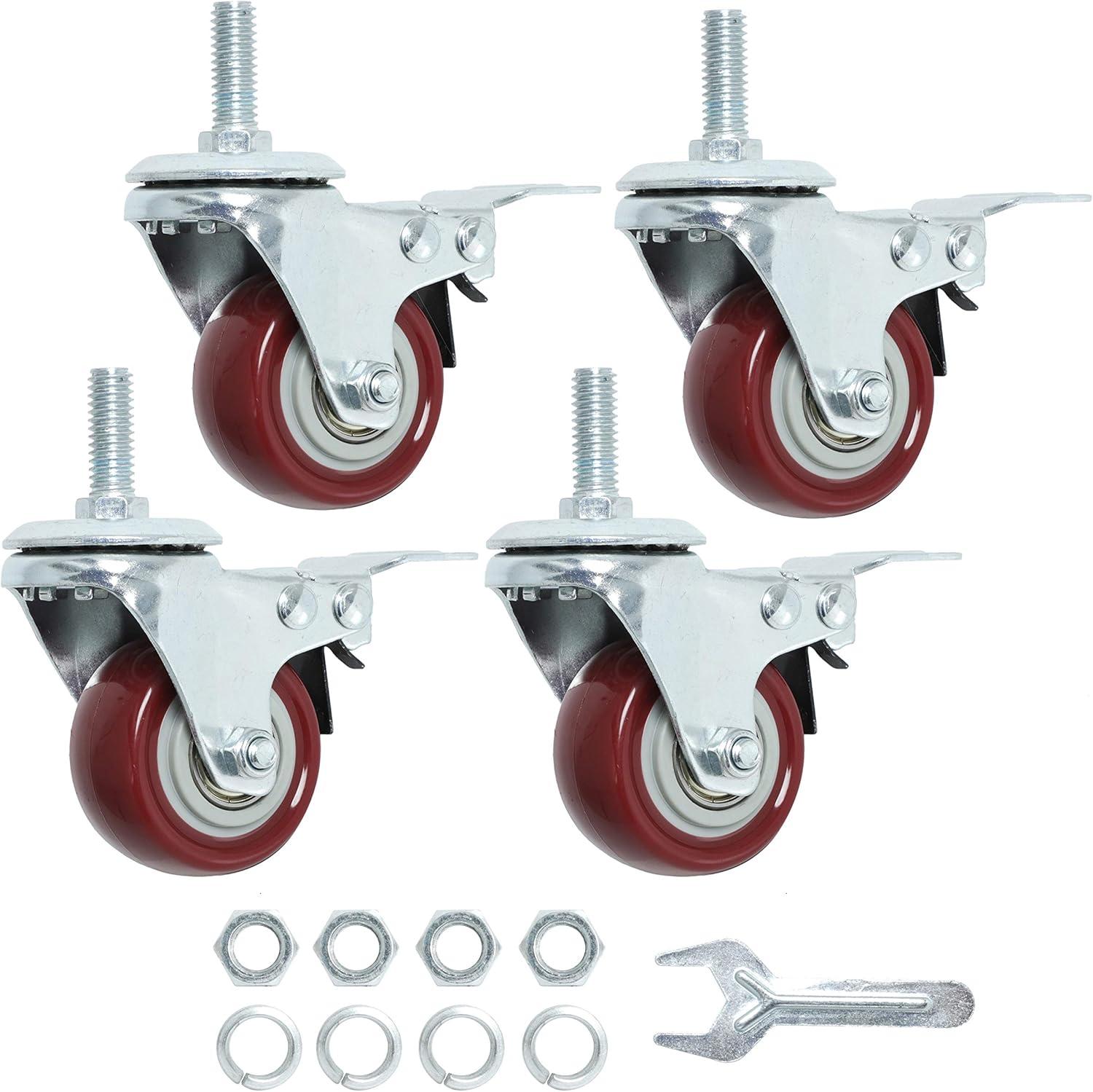 Caster Wheels Set of 4 with Brake Plate Swivel Casters Premium Polyurethane Wheels PU Load Bearing 1,200 Lbs Lockable Anti-wear Smooth Casters Red