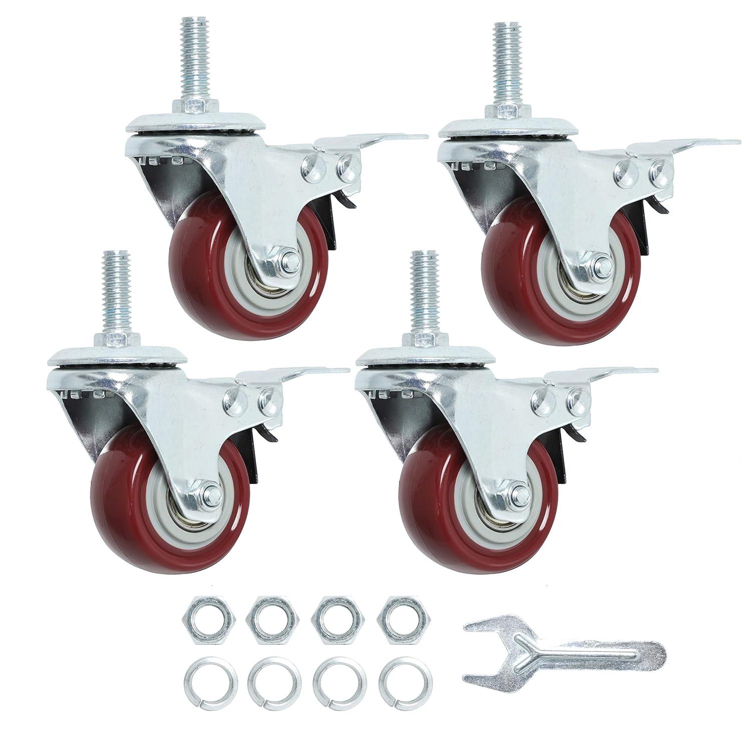 Caster Wheels Set of 4 with Brake Plate Swivel Casters Premium Polyurethane Wheels PU Load Bearing 1,200 Lbs Lockable Anti-wear Smooth Casters Red