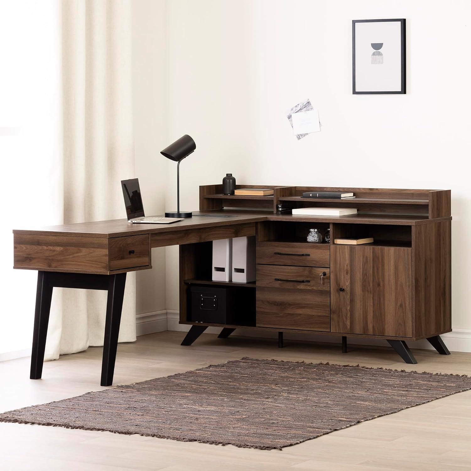 Natural Walnut L-Shaped Executive Desk with Hutch and Power Outlet