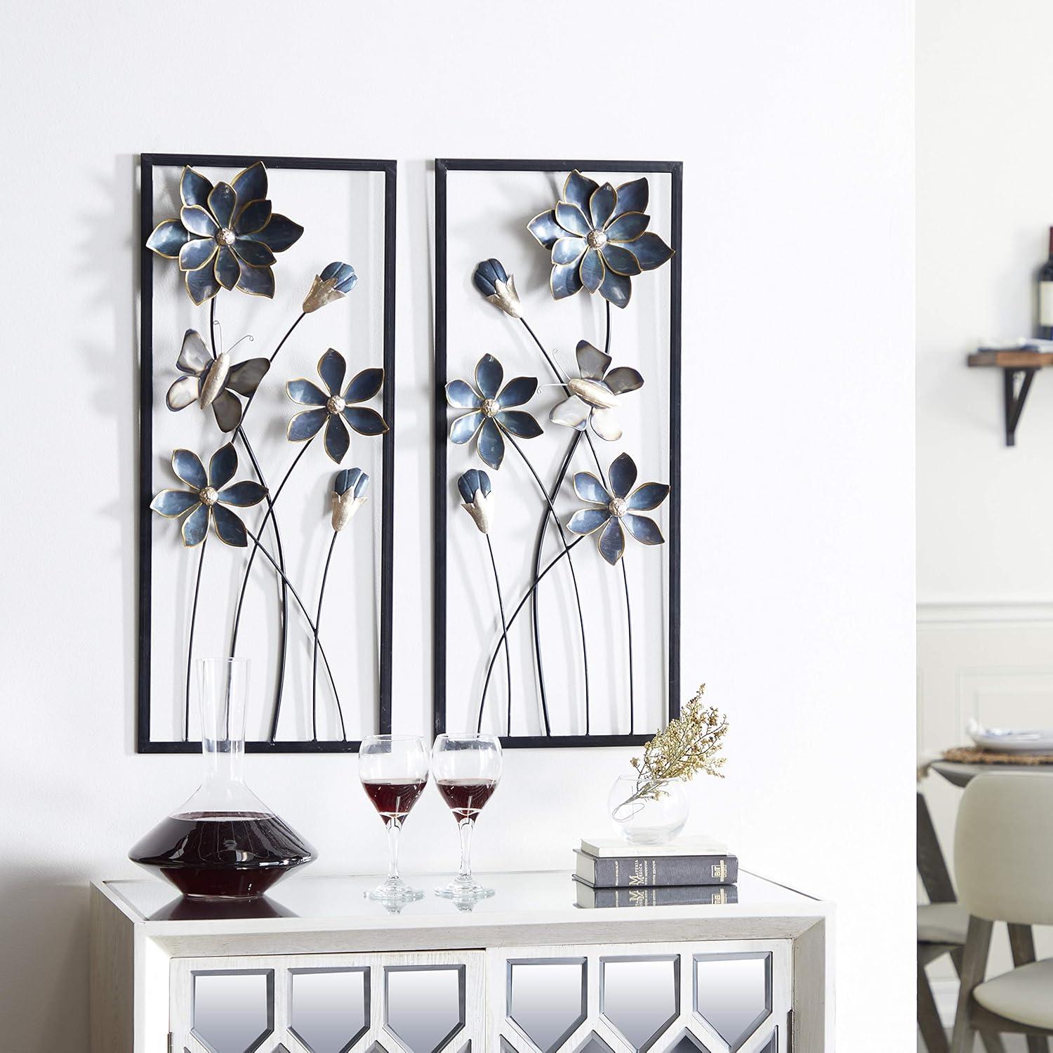 Teal and Black Metal Floral Wall Sculpture Set