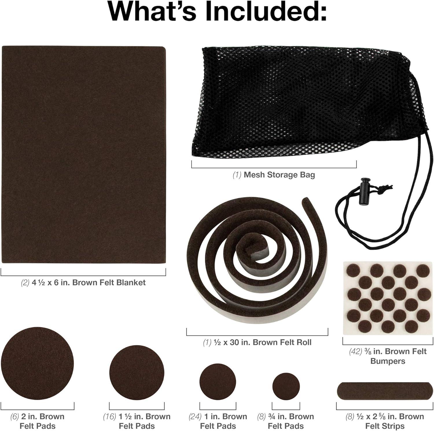 SoftTouch Assorted Self-Stick Felt Furniture Pads With Bumpers Kit - Effortless Moving and Surface Protection, Brown (108 Pack)