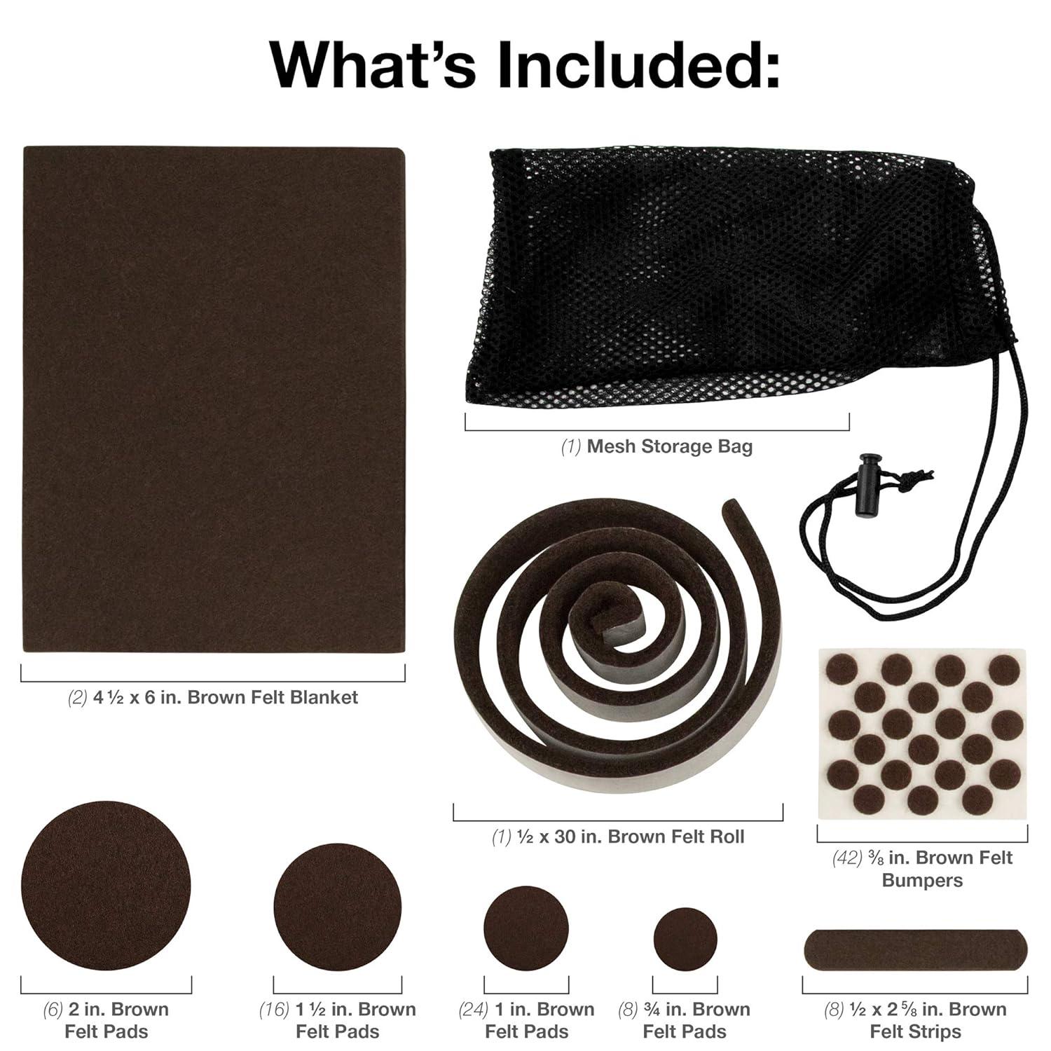 SoftTouch Assorted Self-Stick Felt Furniture Pads With Bumpers Kit - Effortless Moving and Surface Protection, Brown (108 Pack)