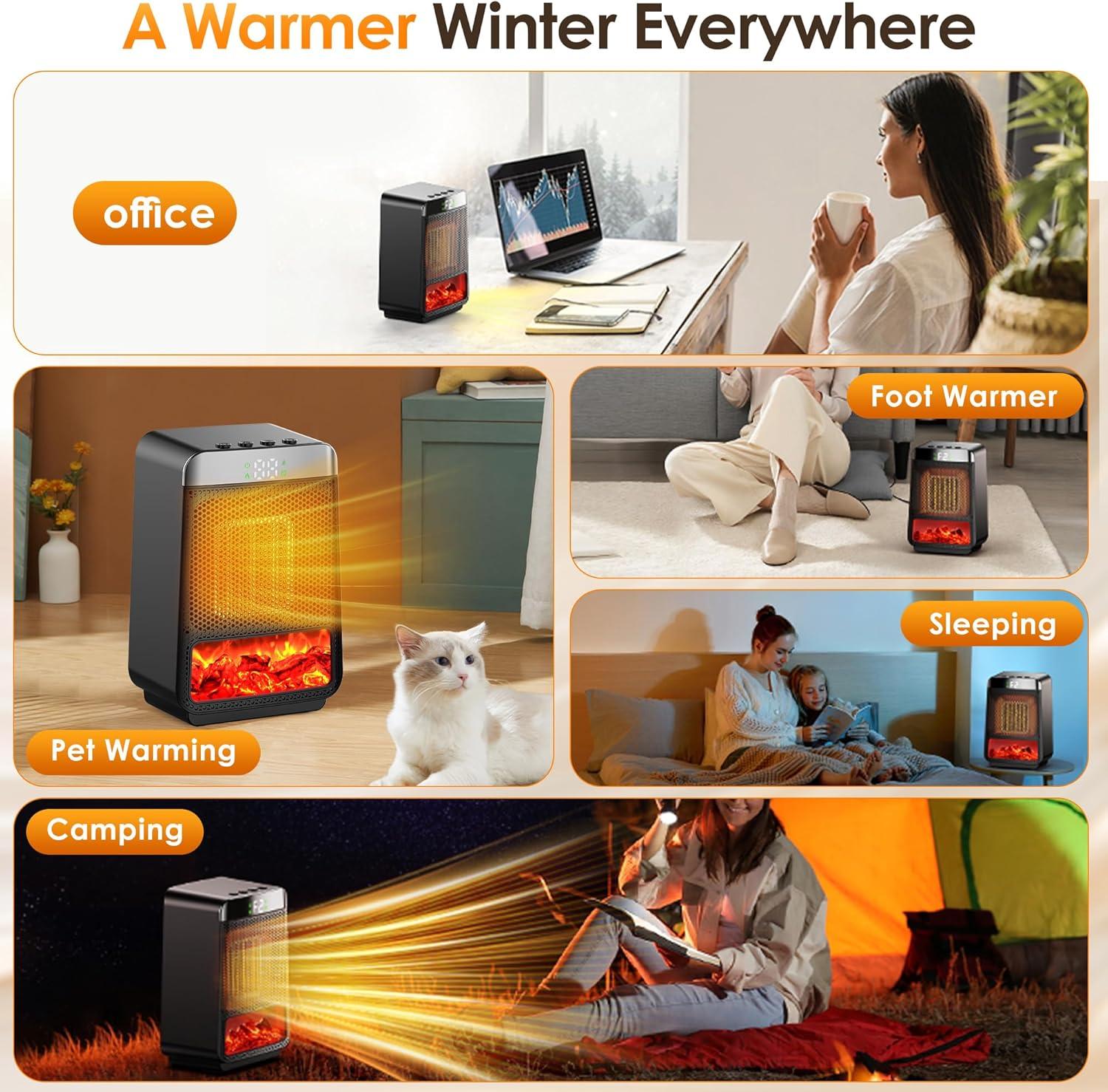 Portable Space Heater For Indoor - Small Electric Flame Heaters With Thermostat - PTC Fast Heating Ceramic Room Heater With Dynamic Ambient Lighting For Bedroom, Office And Camping Use