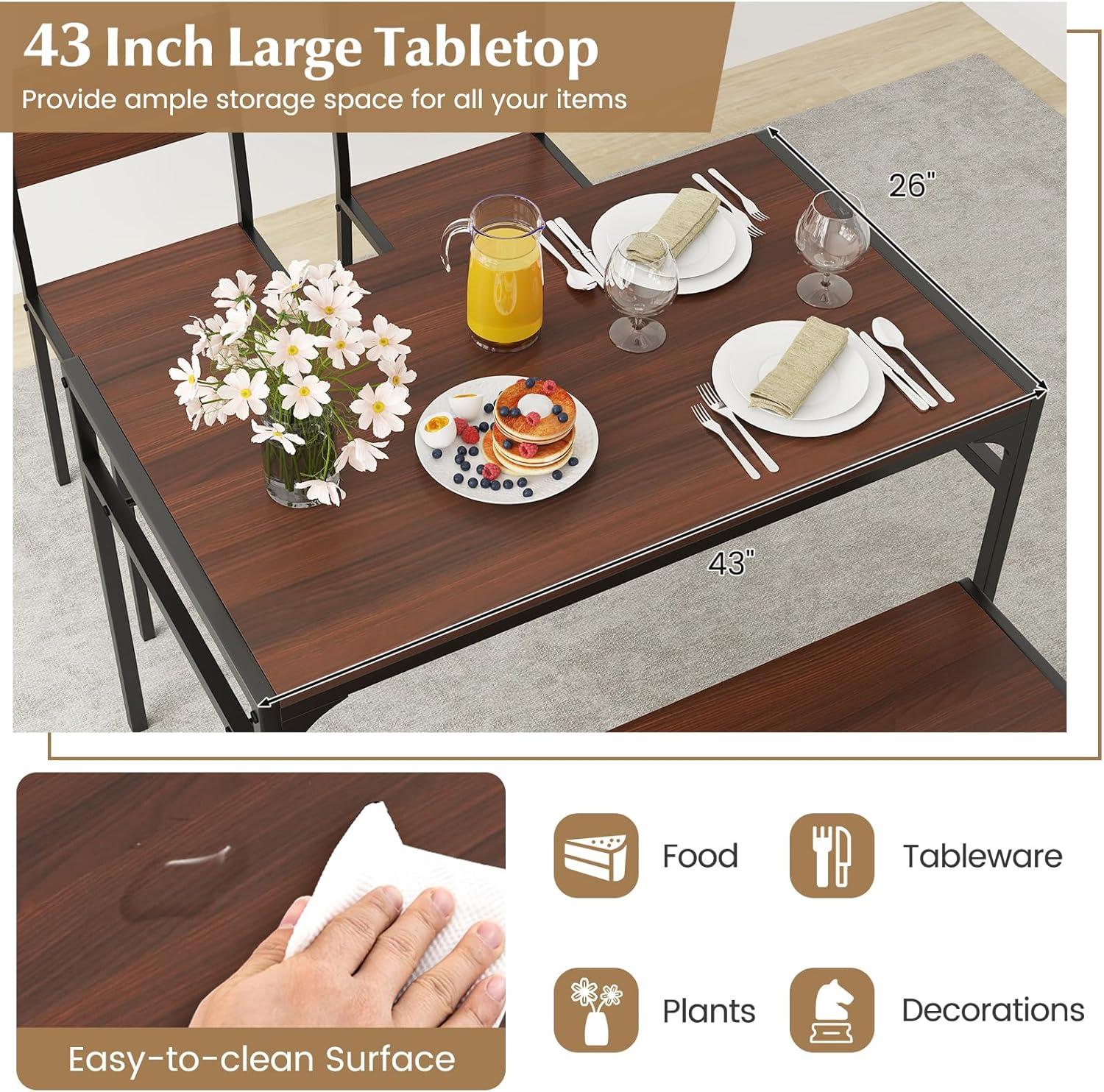 Costway 4pcs Dining Table Set Rustic Desk 2 Chairs & Bench w/ Storage Rack Brown