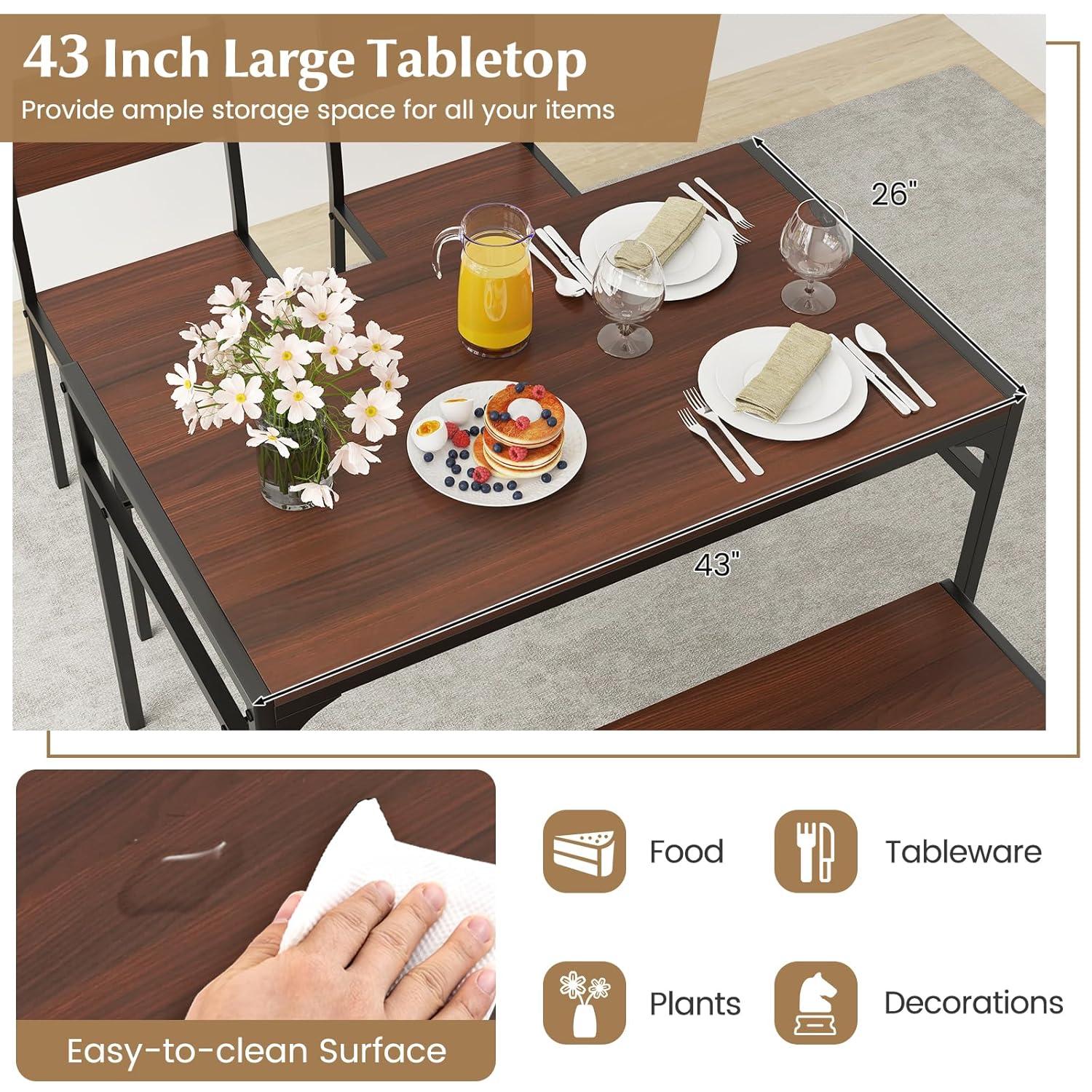 Costway 4pcs Dining Table Set Rustic Desk 2 Chairs & Bench w/ Storage Rack Brown