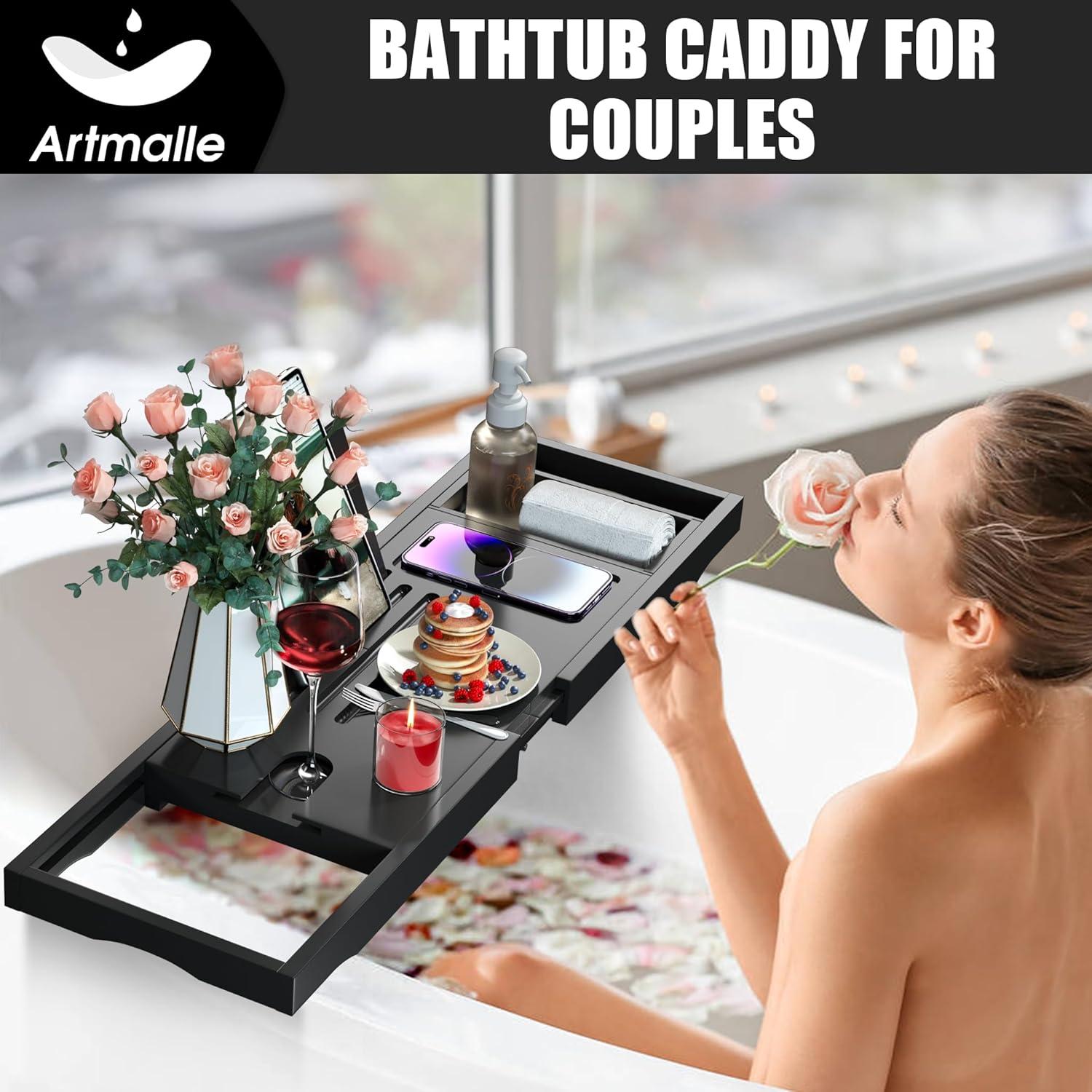 Premium Bathtub Caddy Tray,Expandable Bamboo Bath Tray for Tub,Foldable Minimalist Bathroom Accessories with Book Stand for Home Spa Relaxing,Unique House Warming Gifts,Natural