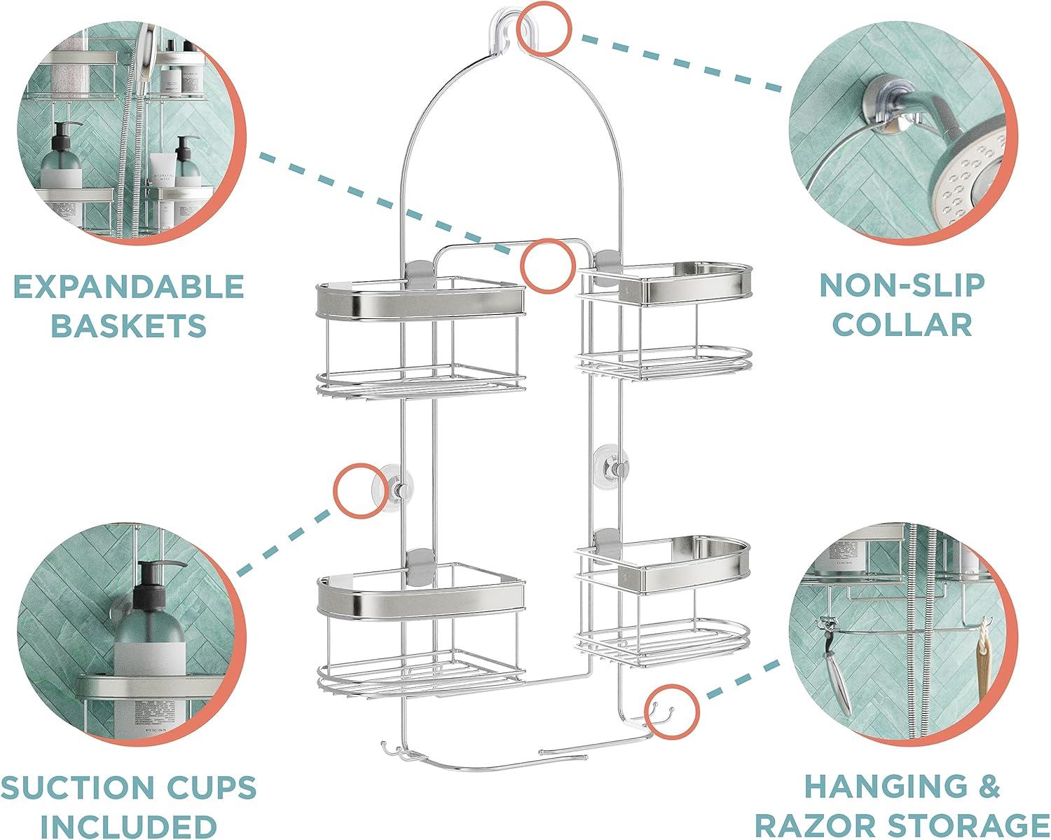 Hanging Shower Caddy, Over the Shower Head Bathroom Storage, Stainless Steel, For Handheld Shower Hoses, Rust Resistant, No Drilling, Expandable Organizer, 4 Baskets, Razor Holders, Hooks