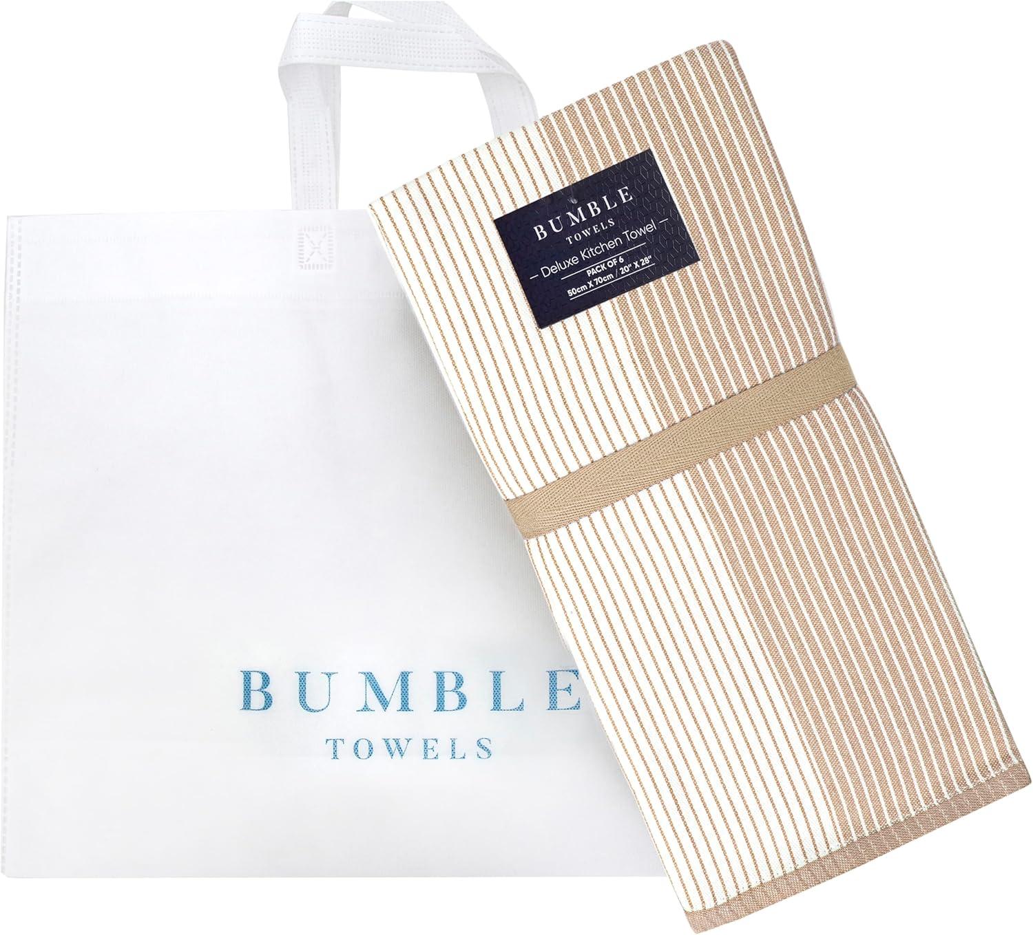 Bumble Towels Premium Kitchen Towels (20”x 28”, 6pc Pack) – Large Cotton Kitchen Hand Towels – Flat & Terry Towel – Highly Absorbent Tea Towels Set with Hanging Loop (Tan)