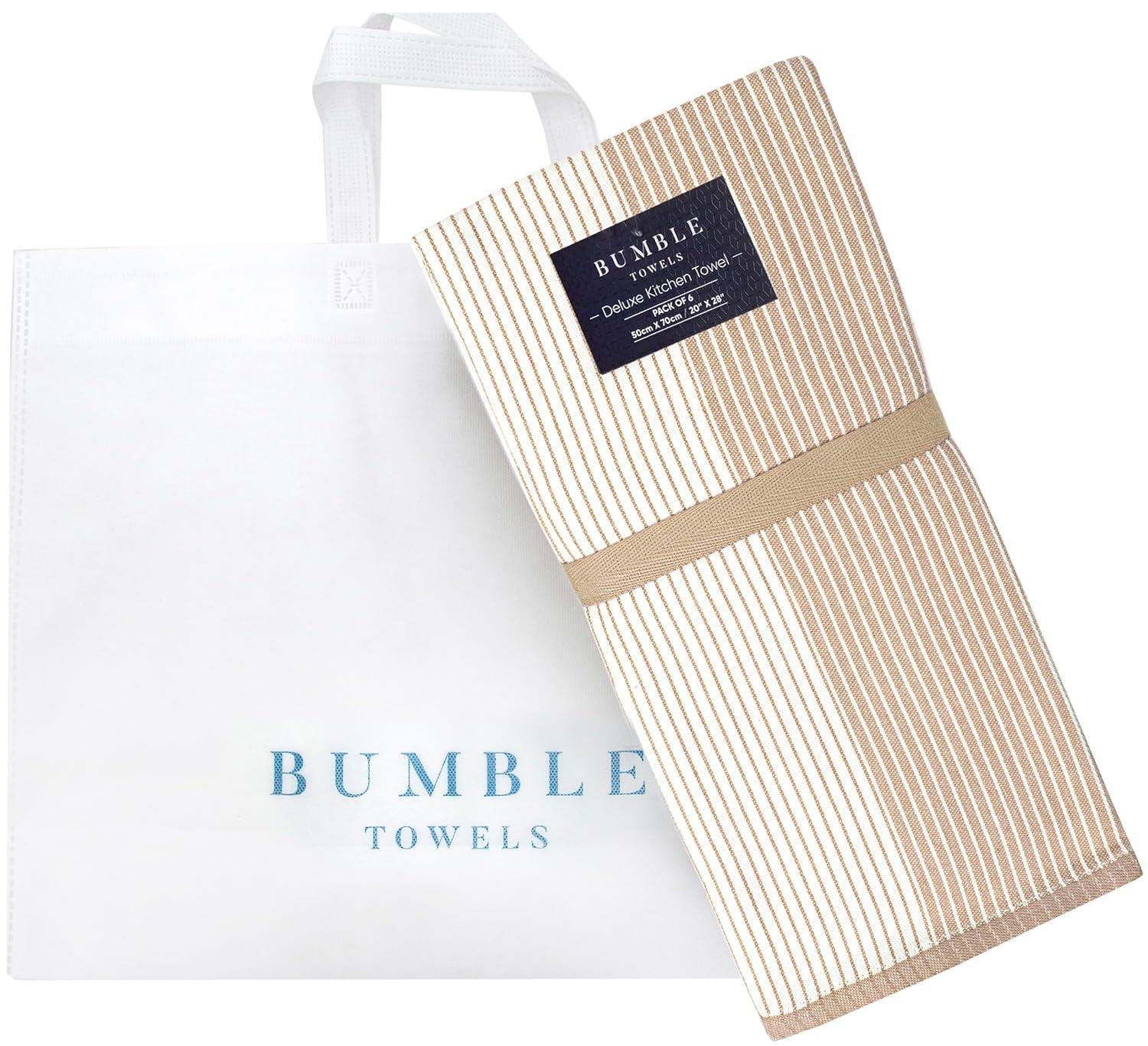 Bumble Towels Premium Kitchen Towels (20”x 28”, 6pc Pack) – Large Cotton Kitchen Hand Towels – Flat & Terry Towel – Highly Absorbent Tea Towels Set with Hanging Loop (Tan)
