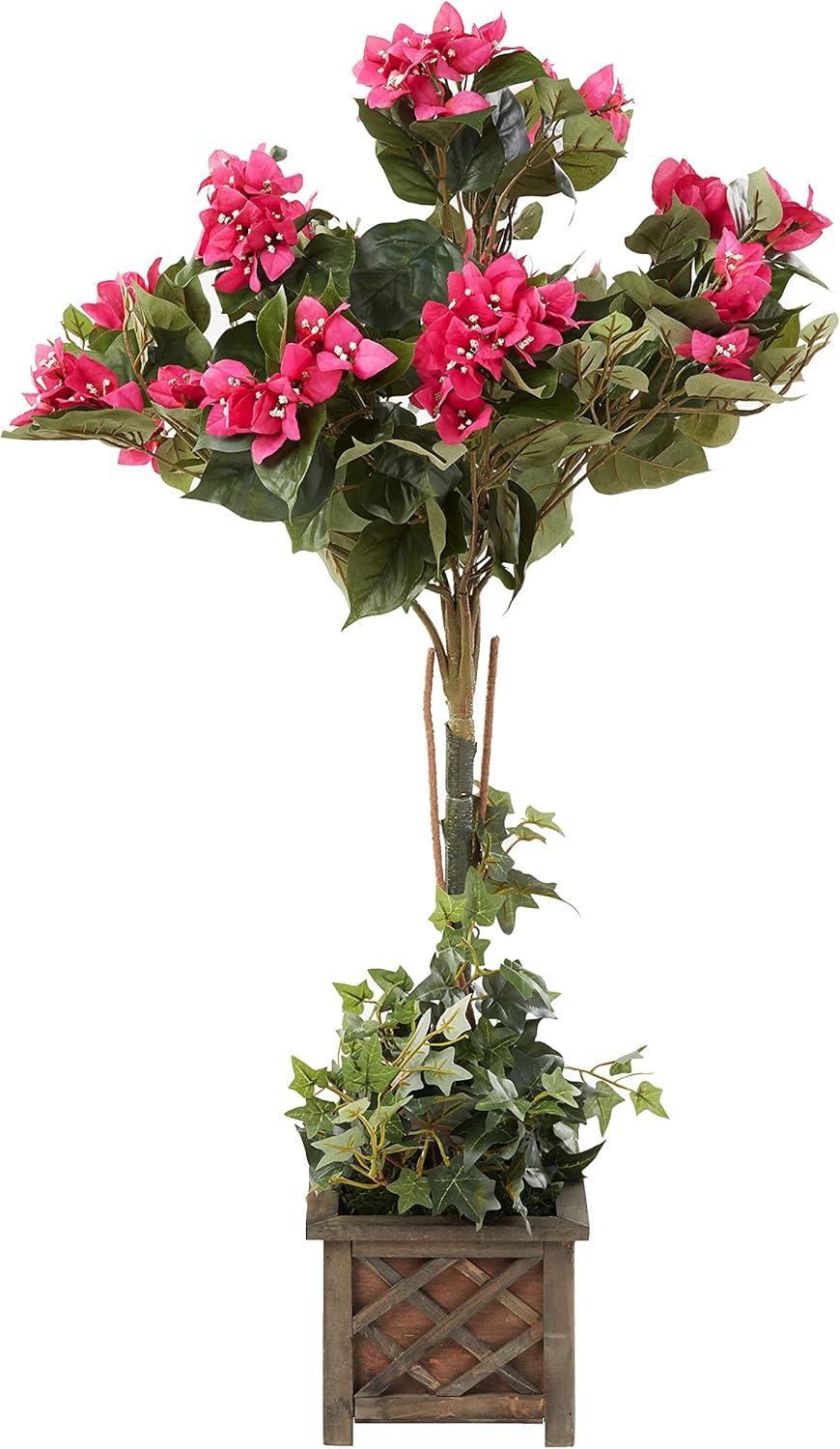 Nearly Natural 34-in Artificial Bougainvillea Topiary with Wood Box