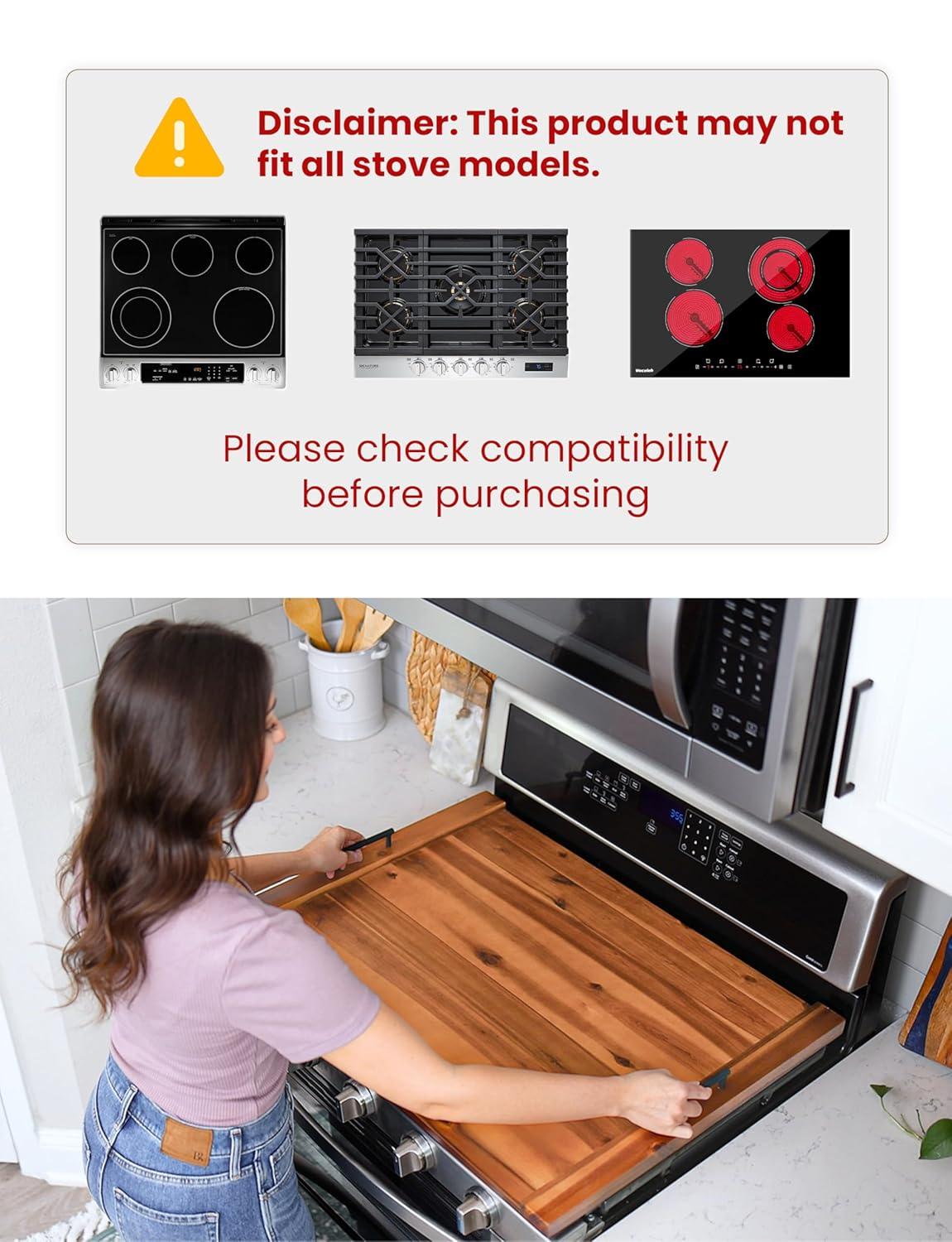 Acacia Wood Stove Top Cover with Metal Handles