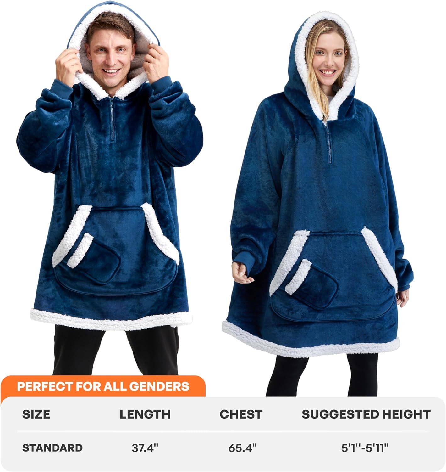 Giggling Getup Wearable Blanket Hoodie for Women Men - Oversized Flannel Sherpa Fleece Hooded Blanket - Soft Cozy Warm Blanket Sweatshirt Gifts with Giant Pocket and Sleeves for Adult Navy