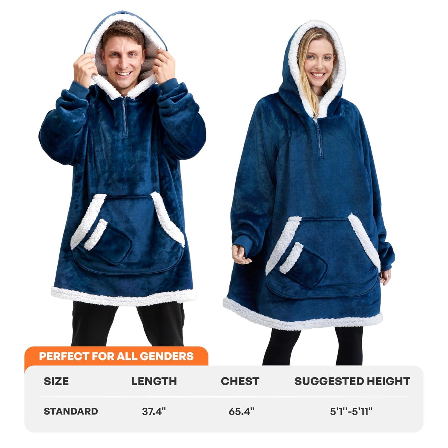 Giggling Getup Wearable Blanket Hoodie for Women Men - Oversized Flannel Sherpa Fleece Hooded Blanket - Soft Cozy Warm Blanket Sweatshirt Gifts with Giant Pocket and Sleeves for Adult Navy