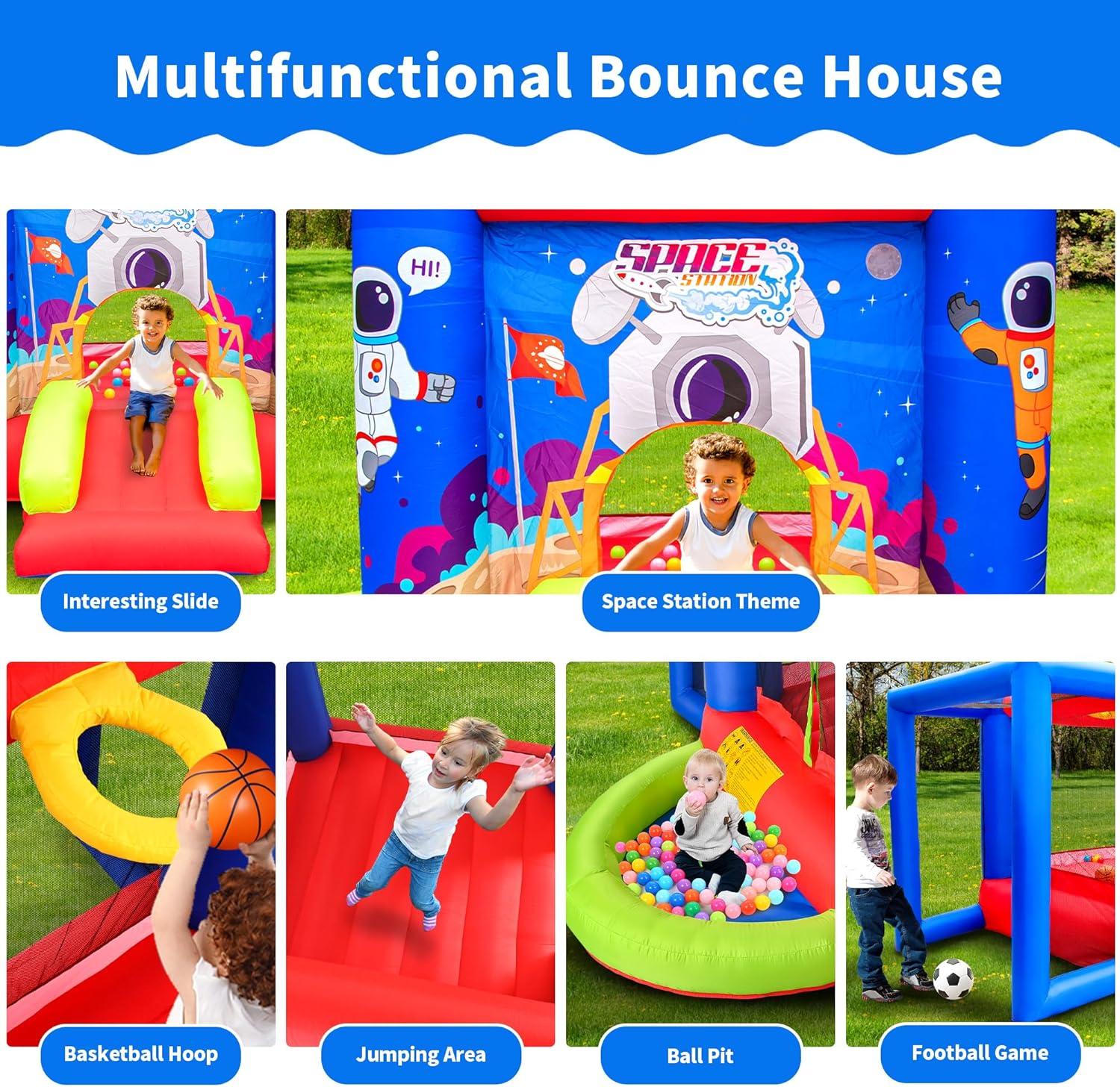 Inflatable Bounce House with Slide, Jumping Castle with Blower for Kids Play House with Wave Pool