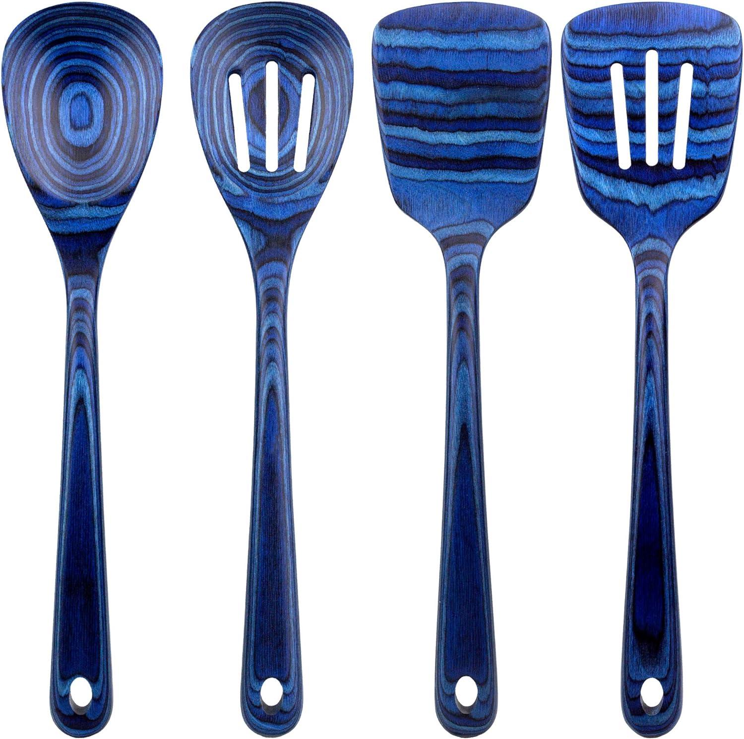 Baltique 4pc Malta Utensil Set: Wood Kitchen Tools, Hand Wash, Blue Cooking Utensils, Adult Kitchen Utensil Set