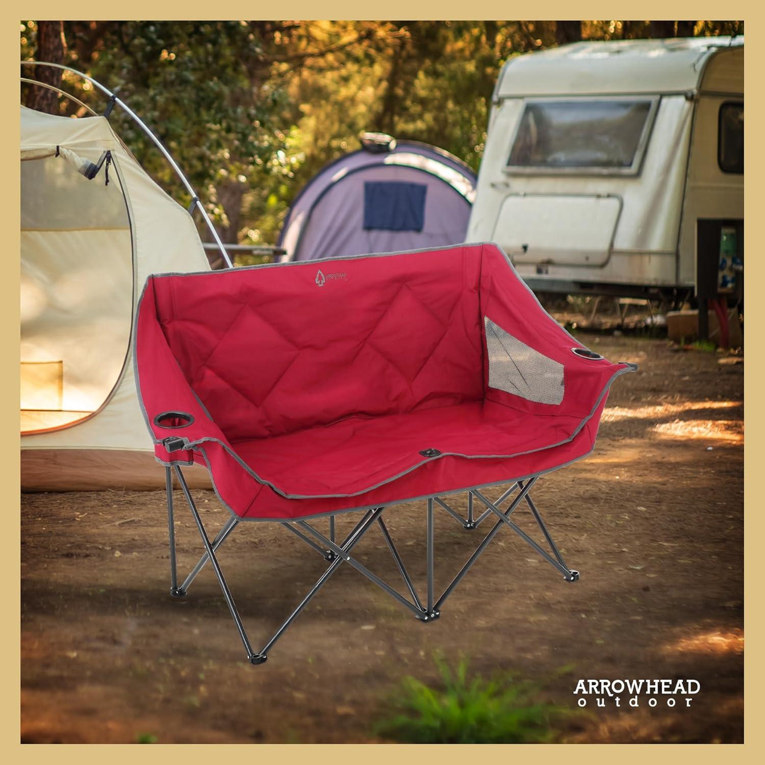 ARROWHEAD OUTDOOR Portable Folding Double Duo Camping Chair Loveseat w/ 2 Cup & Wine Glass Holder, Heavy-Duty Carrying Bag, Padded Seats & Armrests, Supports up to 500lbs, USA-Based Support (Red)