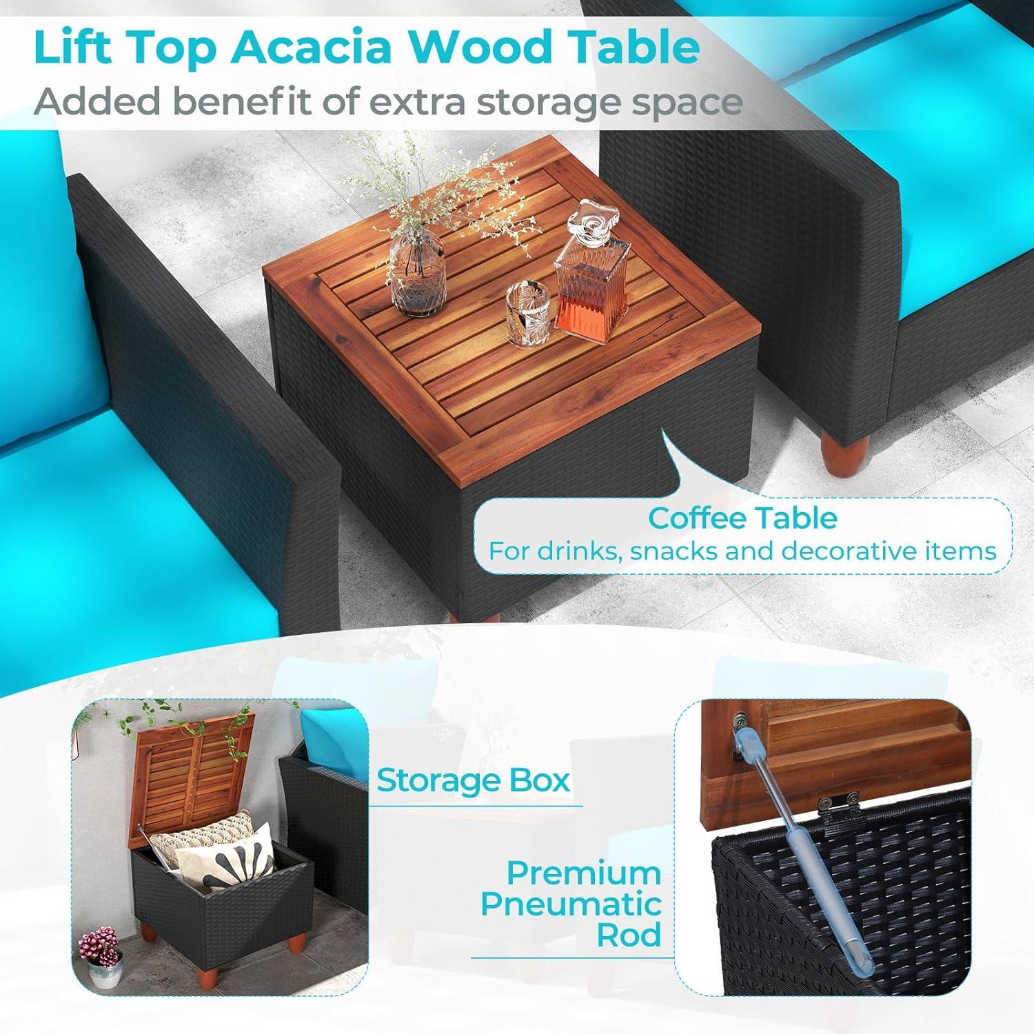 Tangkula 3PCS Patio Rattan Conversation Set Outdoor Furniture Set w/ Turquoise Cushions