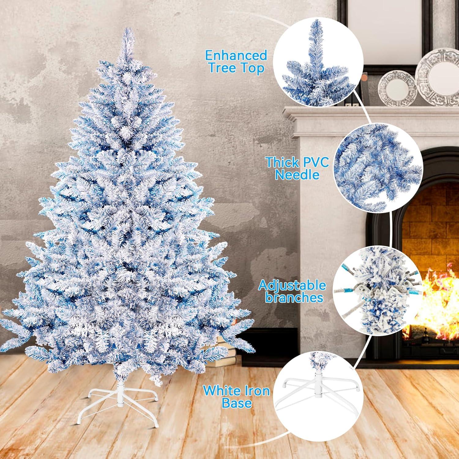 6 FT Blue Snow Flocked Artificial Christmas Tree with Metal Stand