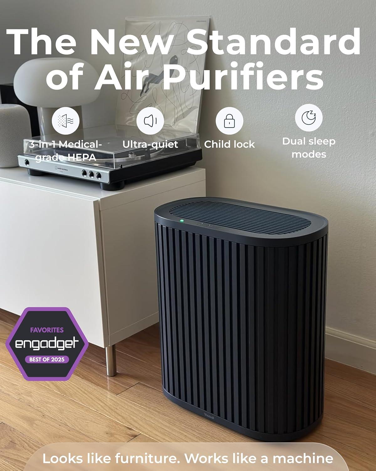 Windmill Windmill Smart Air Purifier for Home – Beautiful Modern Design – 3 in 1 with Medical Grade HEPA Activated Carbon Filter and Pre Filter – Quiet with White Noise Mode – Laser Sensor – Covers up to 1950 sq ft – Great for Smoke Dust Pets and Allergies
