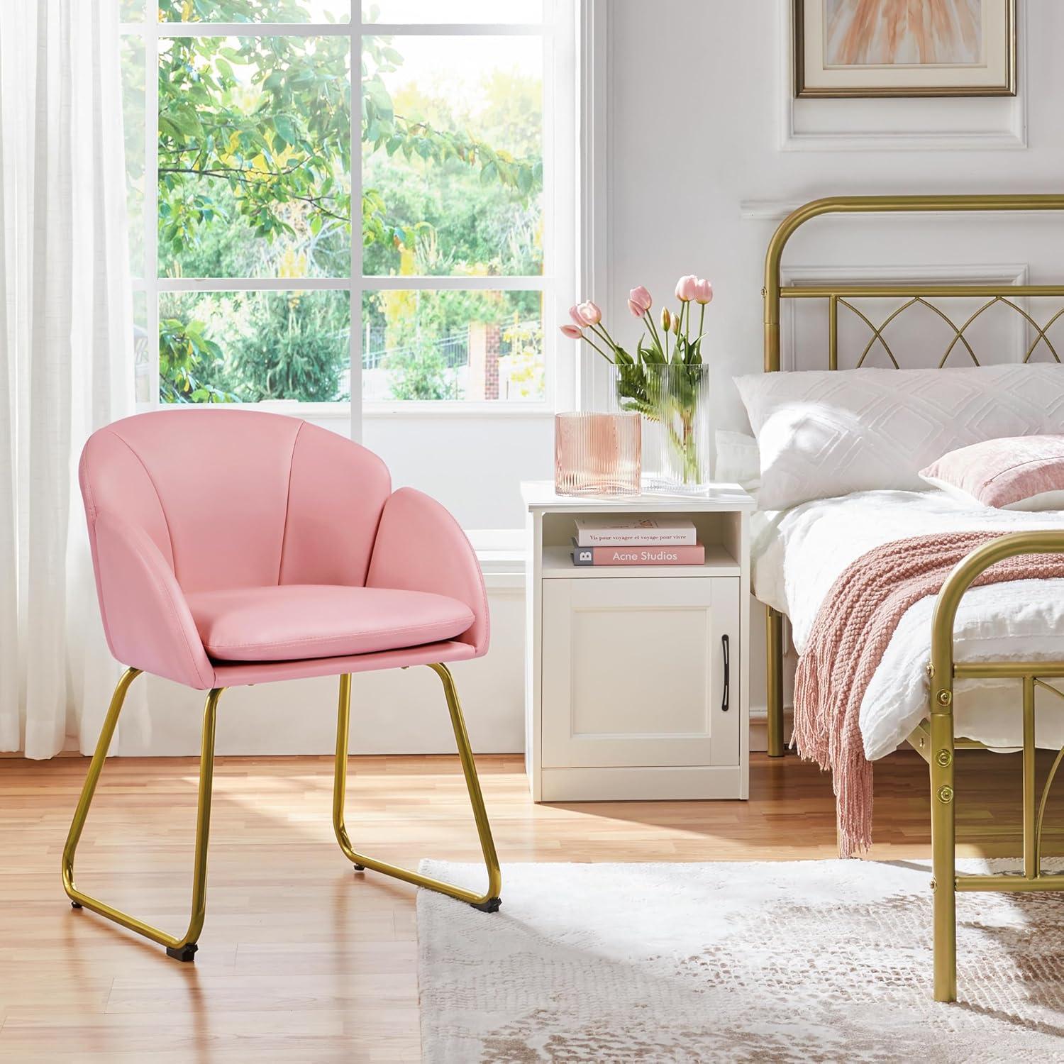 Simple Pink Velvet Accent Chair with Gold Metal Legs