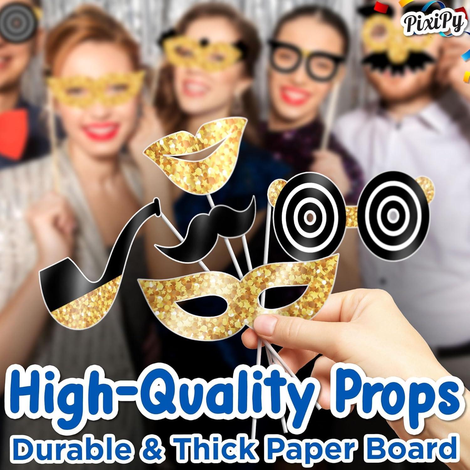 Photo Booth Props Kit, 16 Pcs Black & Gold Party Accessories by PixiPy