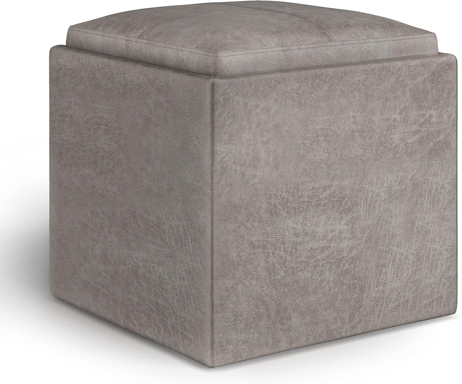 Simpli Home Rockwood 17" Cube Storage Ottoman with Tray in Gray Faux Leather