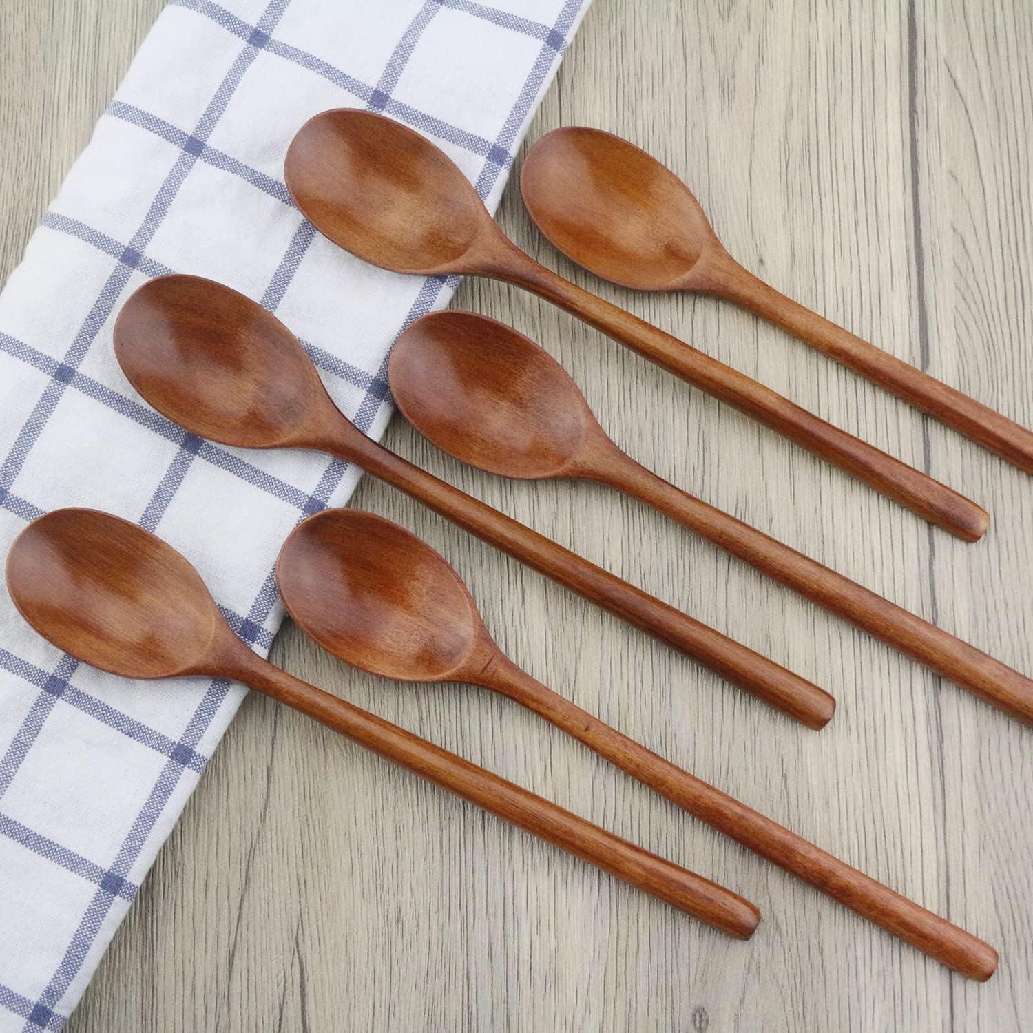 QIFEI 6Pcs Wooden Spoons, 9 inch Wood Soup Spoons for Eating Mixing Stirring, Long Handle Spoon with Japanese Style Kitchen Utensil, Eco Friendly Table Spoon