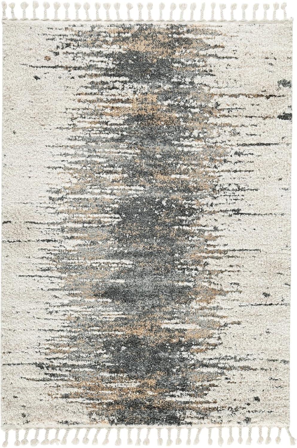 Large Cream and Gray Braided Abstract Synthetic Rug