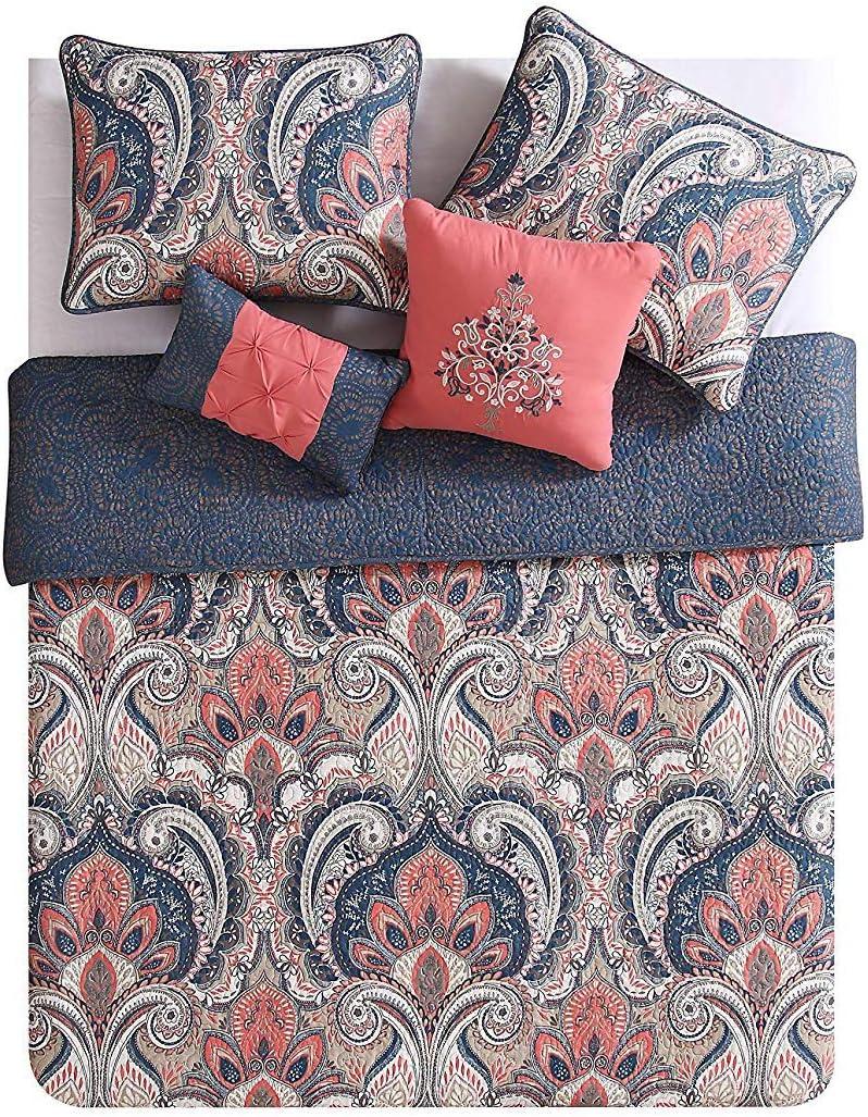 Coral and Blue Reversible Microfiber King Quilt Set