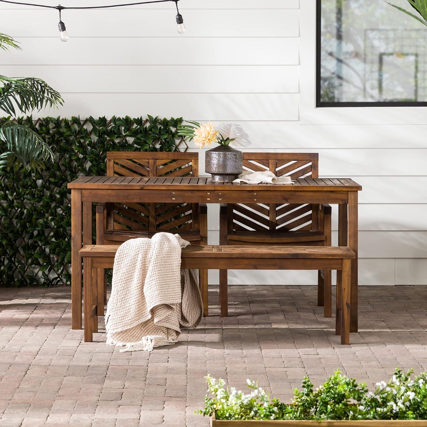 Dark Brown Acacia Wood Chevron Outdoor Dining Set with Bench and Chairs