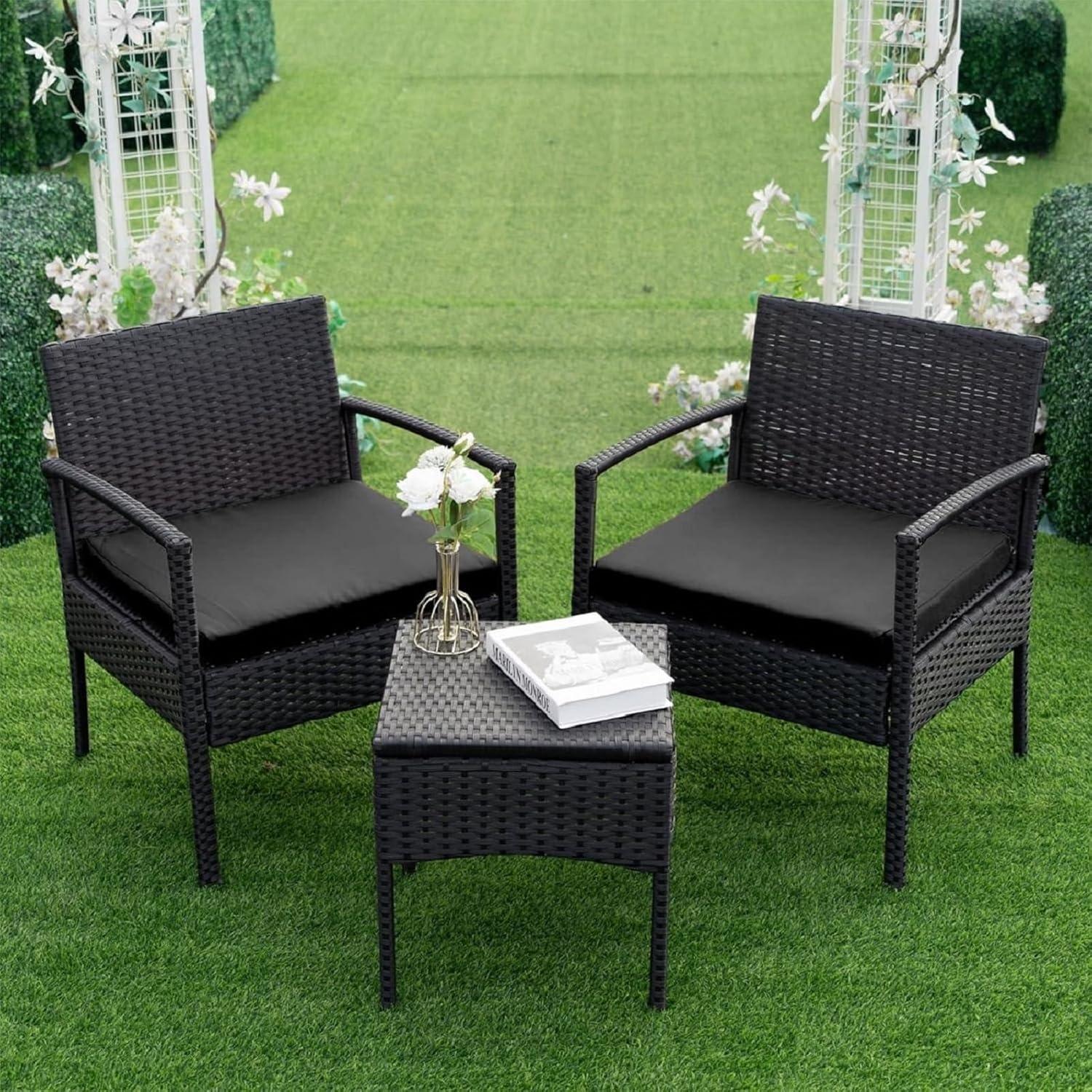 Tappio Outdoor Furniture 3 Piece Patio Bistro Furniture Set, Rattan Conversation Chairs Set with Side Table and Cushions, Patio Furniture Sets for Balcony Garden Porch, Black