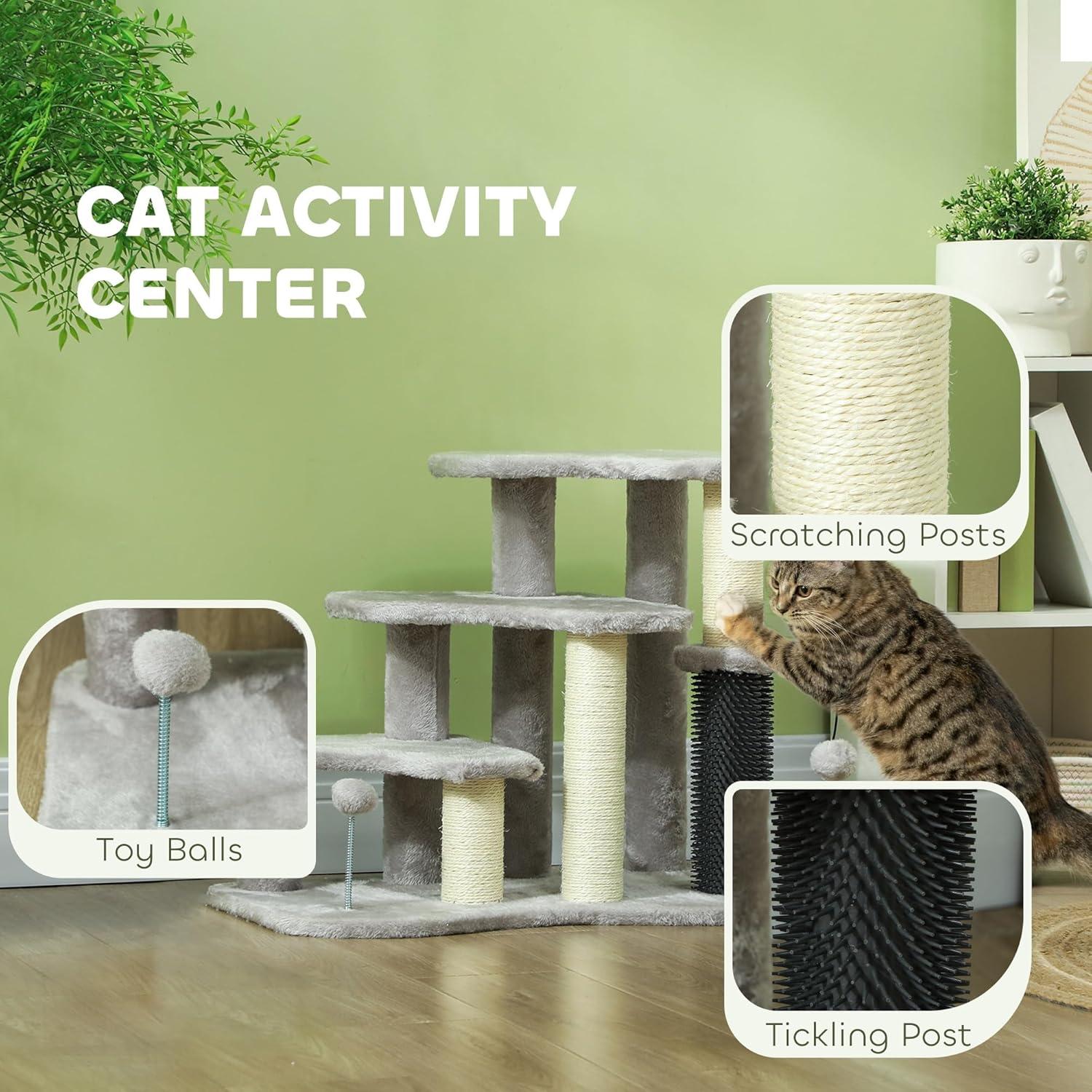 PawHut 20" Cat Tree, 2 in 1 Cat Tower 3-Step Pet Stairs with Scratching Posts, Tickling Post, Toy Balls, for High Beds, Couch, Sofa, Light Gray
