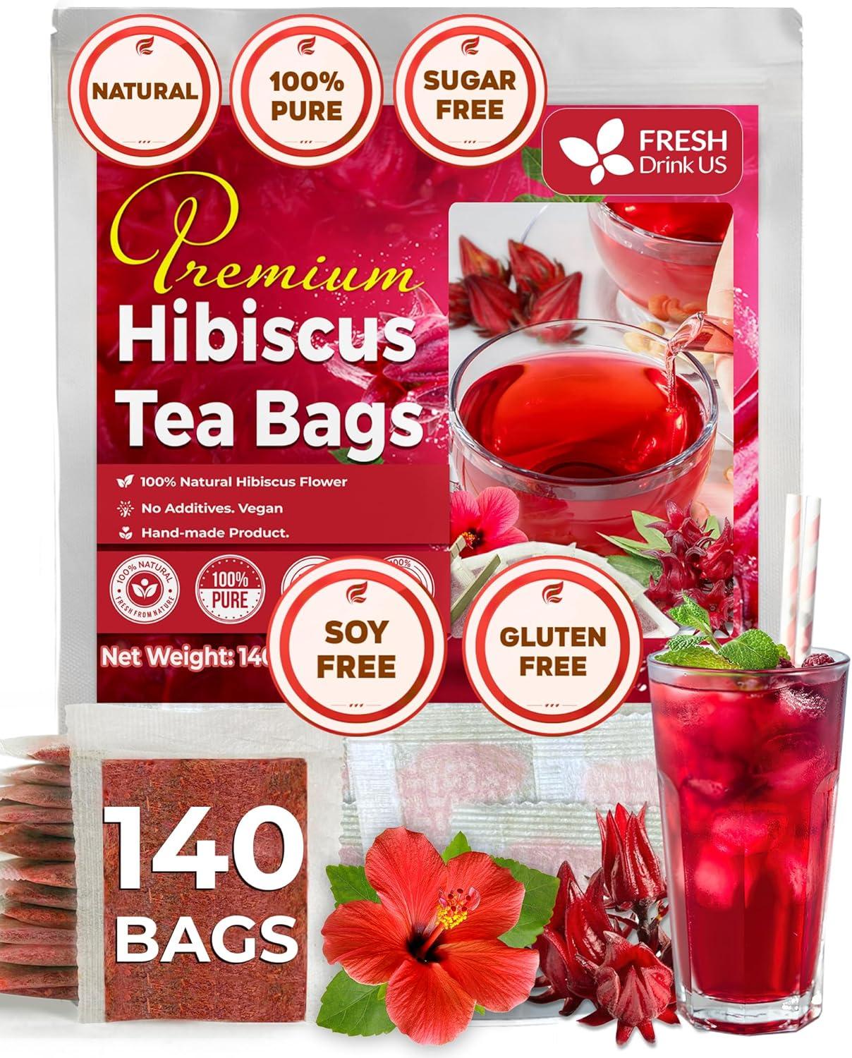 FreshDrinkUS, Premium 140 Hibiscus Flowers Tea Bags, 100% Natural, Handmade, Pure from Hibiscus Flowers. Loose Flower Hibiscus Herbal Tea. Hibiscus Flower Tea. No Sugar/Caffeine/Gluten, Vegan.