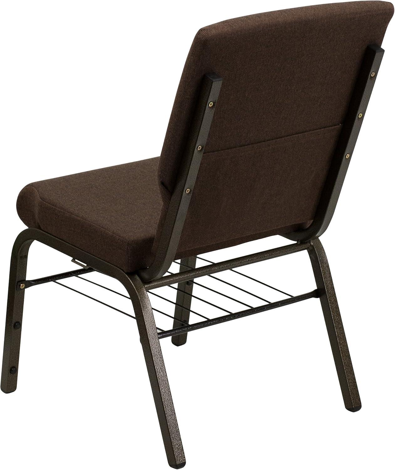 Elegant Brown Fabric Side Chair with Gold Steel Frame and Book Rack