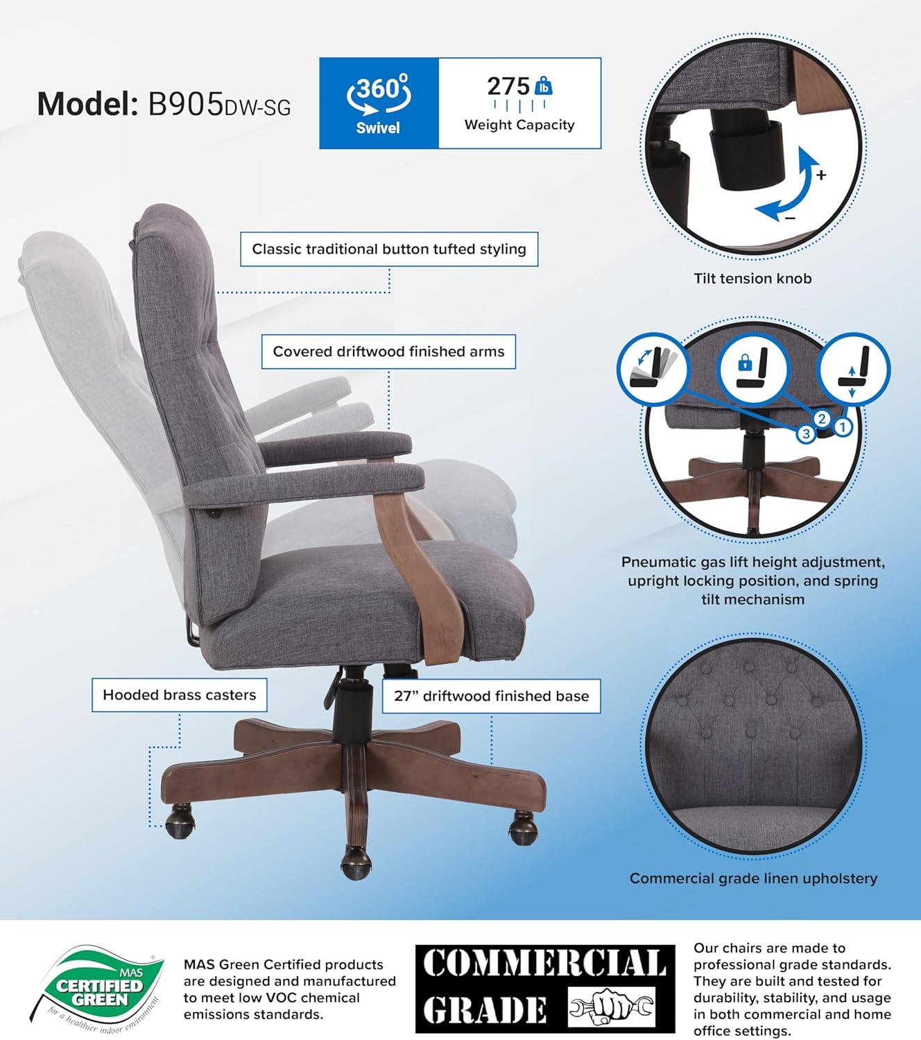 Traditional Executive Chair Slate Gray - Boss Office Products: Driftwood Base, Brass Castors, Pneumatic Lift